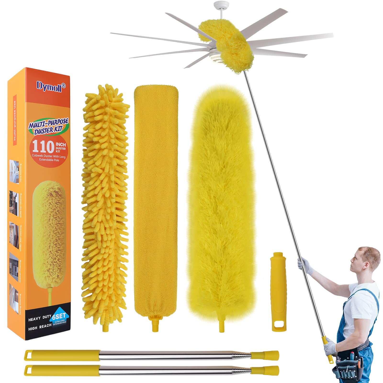 Cobweb Duster with Extension Pole, 110" Microfiber Feather Duster Kit with Bendable Washable Heads, Spider Web Brush, Dusters for Cleaning Ceiling Fan, High Ceiling, Blinds, Furniture & Cars