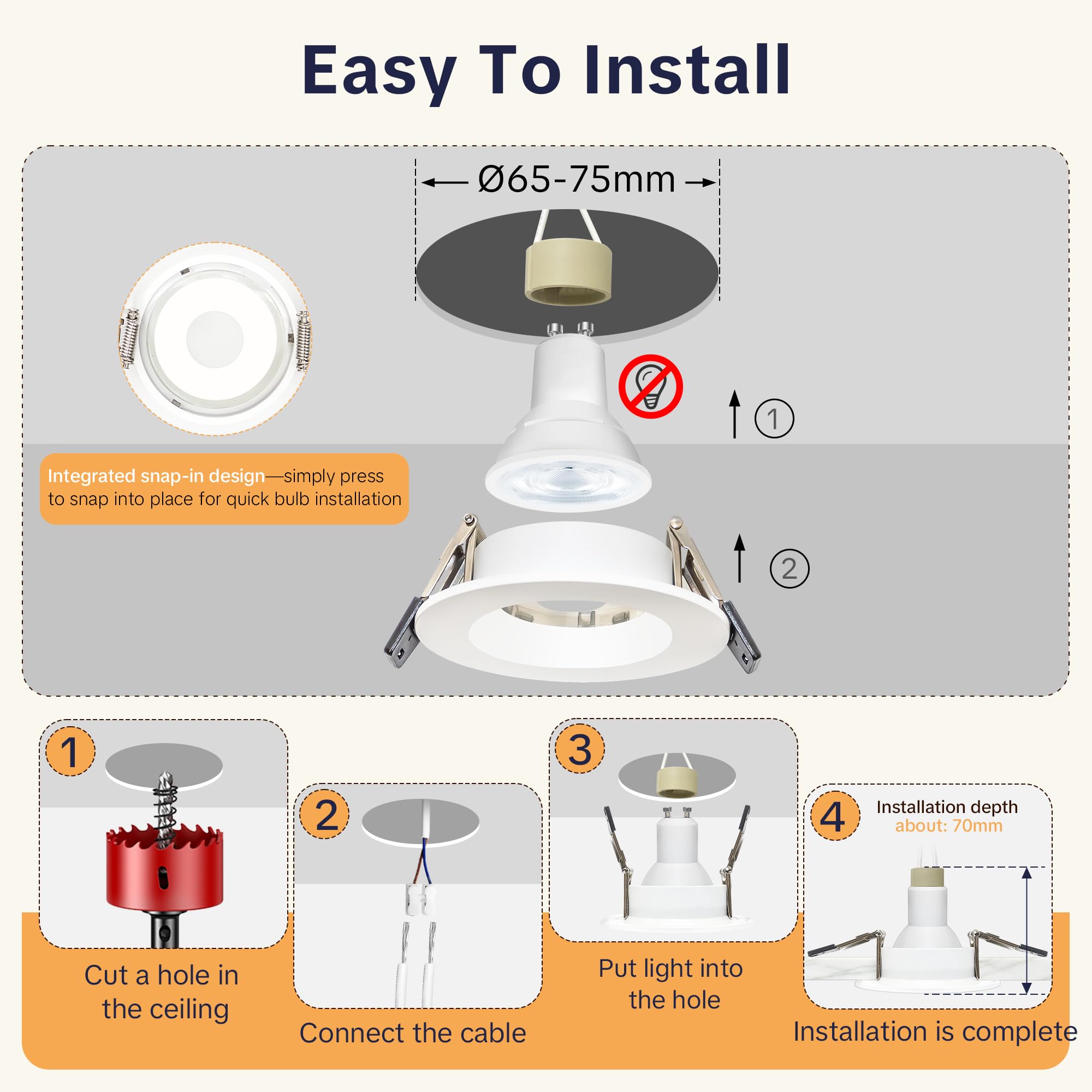 6 x Marcos Foco Empotrable GU10, IP65 Impermeable Aluminio Marco Ojos de Buey LED para Techo Incl. Portalámparas GU10, Blanco Redondo Antideslumbrante Marco Focos Ø65-75mm para Baño