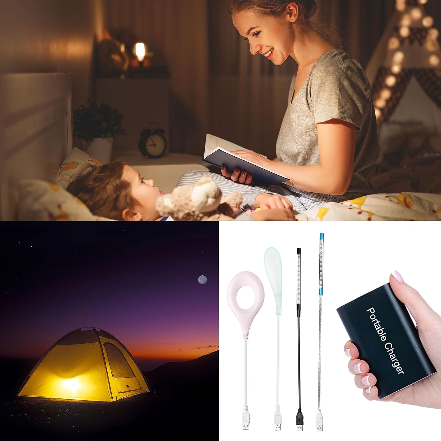 Collage showing the PATIKIL USB LED lamp used for reading in bed, camping, and with a portable charger