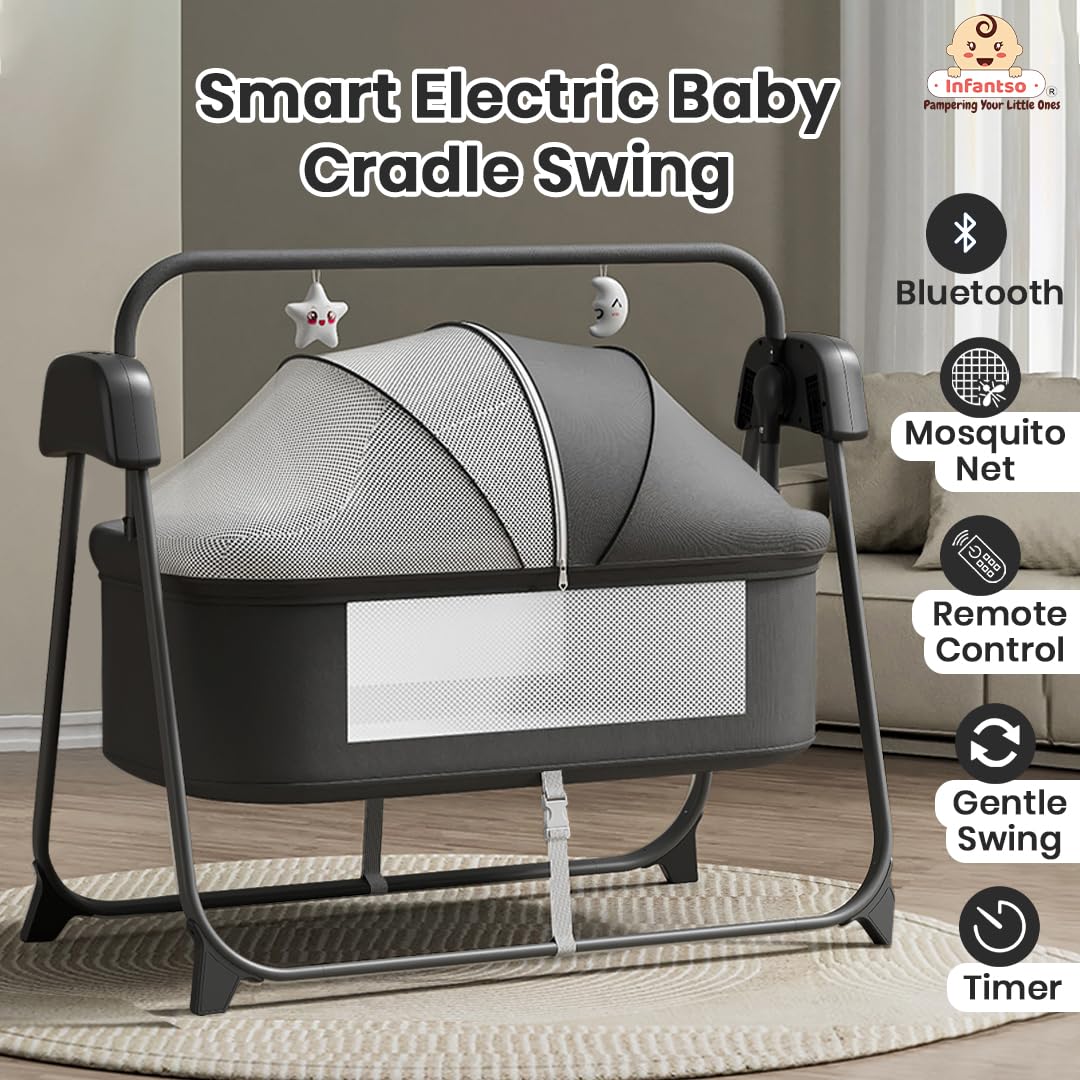 Infantso Premium Electric Baby Cradle Swing - Bluetooth & Remote Control Palna Jhula with Custom Swing Time, Adjustable 5-Speeds, Automatic Swing Cradle for 0-12 Months, Soft Mattress, Safe & Spacious