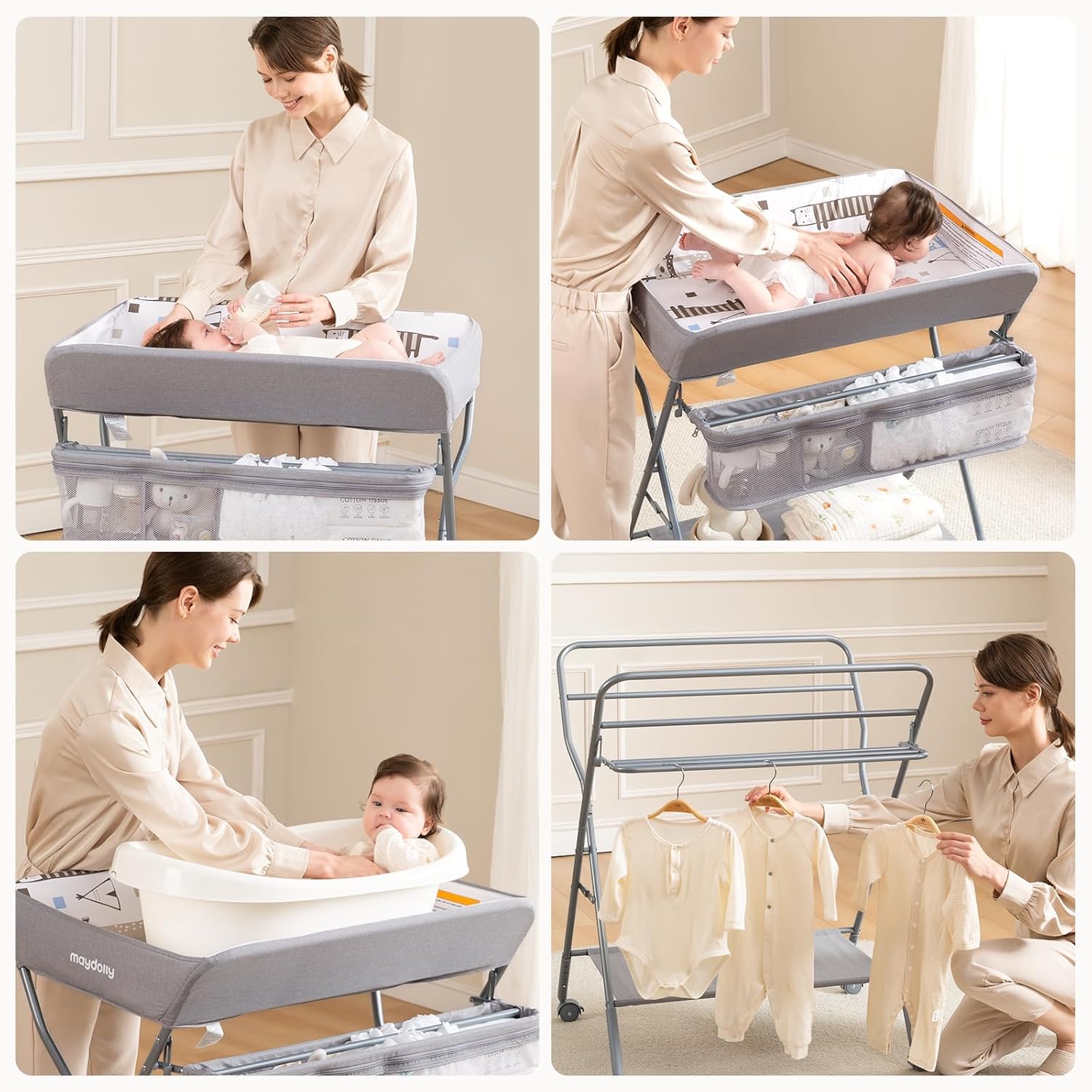 Maydolly Fasciatoio per Bambini，avolo Cambio Pannolini Multifunzionale Portatile,mobile con ruote，Altezza regolabile，Il materiale impermeabile è facile da pulire，grigio chiaro
