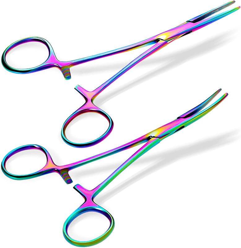 BBTO 2 Pcs Hemostat Forceps Curved Straight, Piercing Pliers,Colorful | Stainless Steel Set For Fishing , Piercing , Nurses, Includes Straight And Curved Pliers, Gauze And Suture Removal Scissors