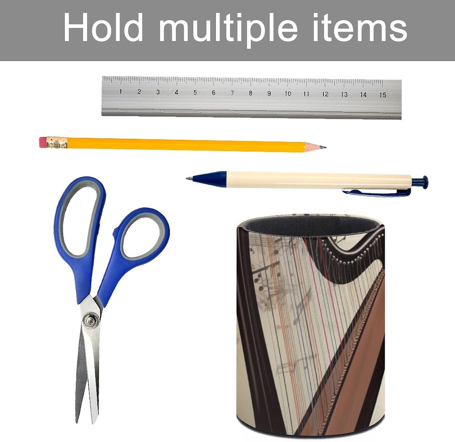 Leather Pen Holder for Desk Organizer Round Pencil Holder Cute Pencil Cup Decorative Makeup Brush Holder Cup Music Background With Harp And Butterfly Pen Cup Desk Accessories Pen Organizer image 5