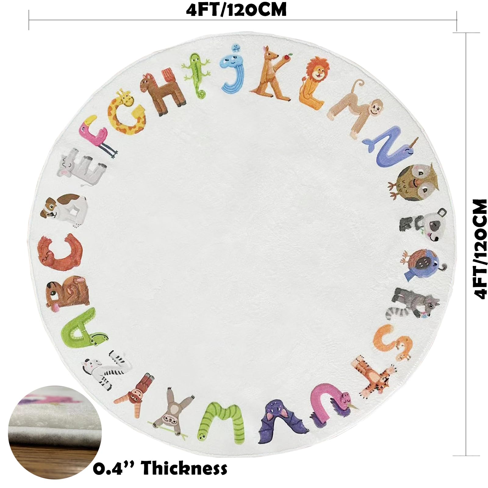 ABC 4ft Round Kids Play Rug - Soft Crawling Mat, Non Slip Alphabet Educational Rug for Toddlers, Baby, Nursery, Playroom, Classroom, Bedroom Decor