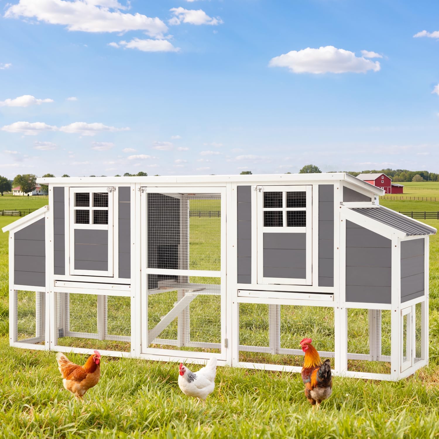 AECOJOY 98'' Extra Large Chicken Coop with Run, Wood Chicken House for 6-8 Chickens with Pull-Out Tray & 4 Nesting Boxes, Outdoor Hen Fence Poultry Pet Cage for Backyard
