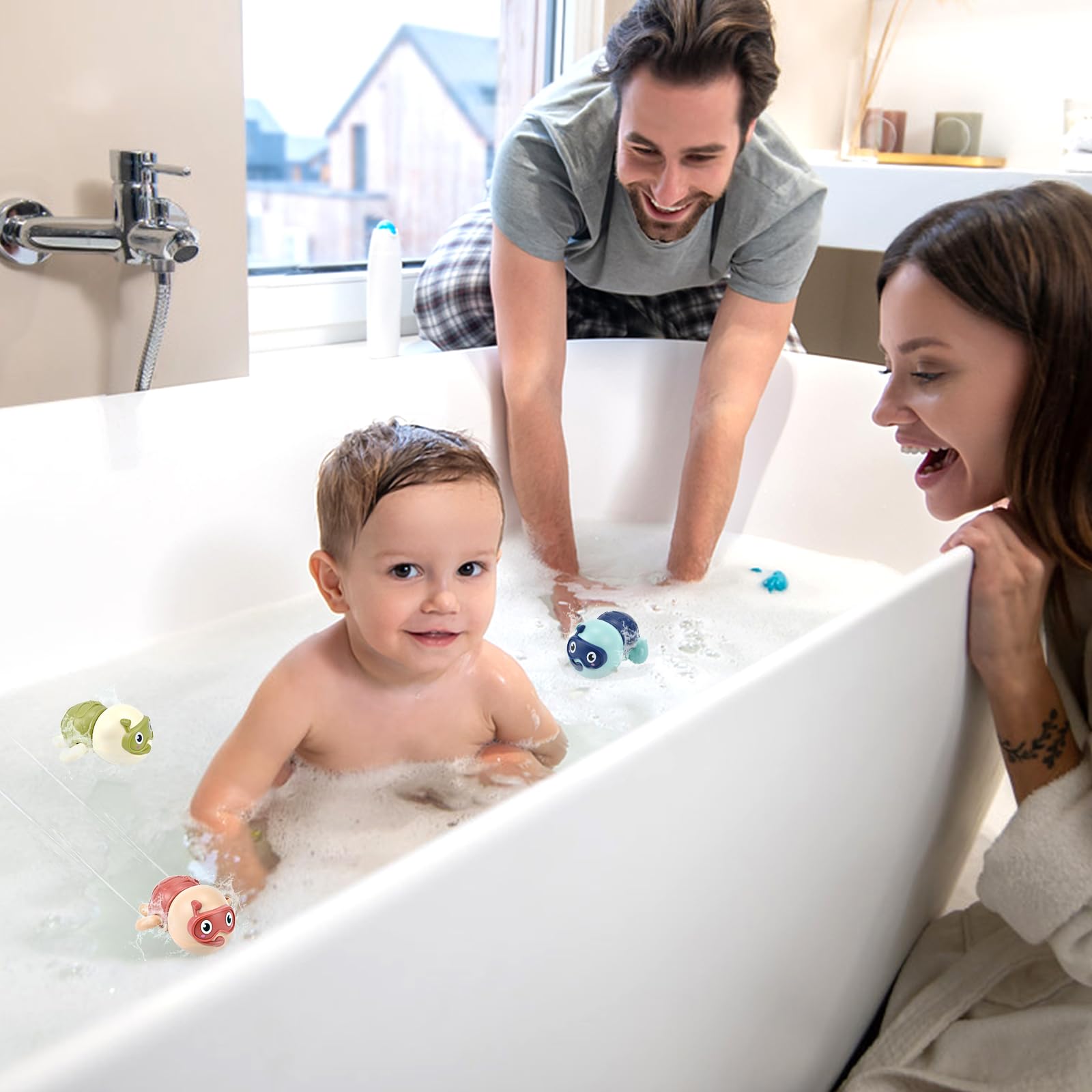 Paquete de 3 juguetes de baño para bebés de 1 a 2 años, juguetes de baño para niños pequeños de 1 a 3 años, juguetes de baño flotantes, juguetes de viento para niños de 1 a 2 años, juguetes de bañera 6