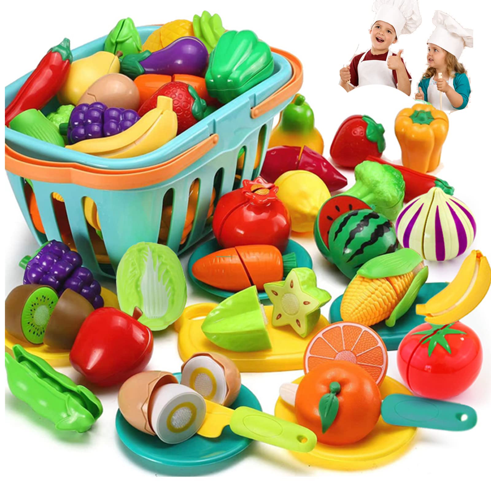 75pc Cutting Play Food Toy for Kids Kitchen, Pretend Fruit &Vegetables Accessories with Shopping Storage Basket, Pretend Play Children Kitchen Toys, Educational Toy for 3-8Toddler Birthday Gift (72pc)
