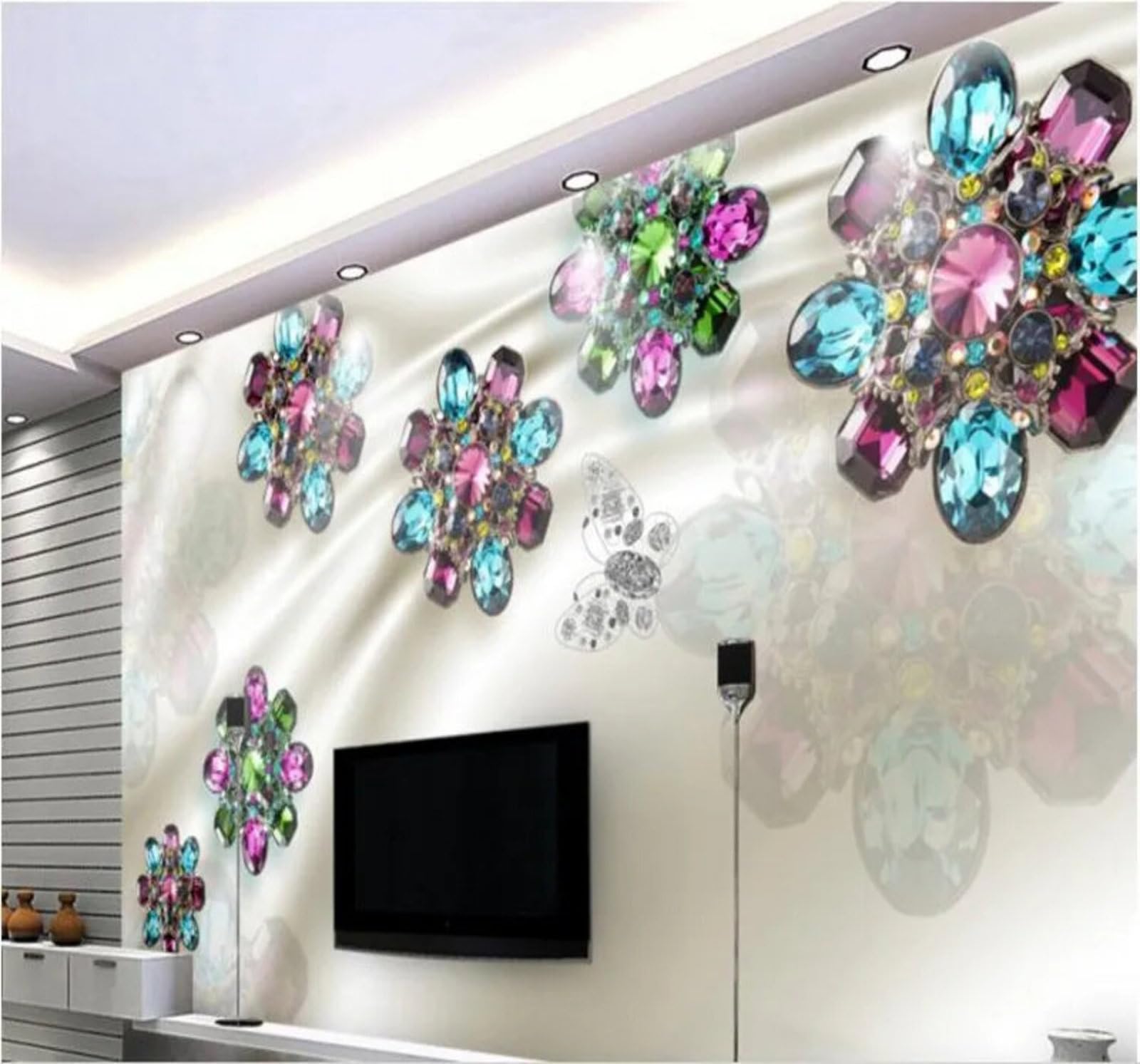 Relief Colourful Diamonds Flowers Jewellery 3D Wallpaper Easy Install Feature Office Living Room Sofa Bedroom TV Background Wall Decoration-150cm×105cm