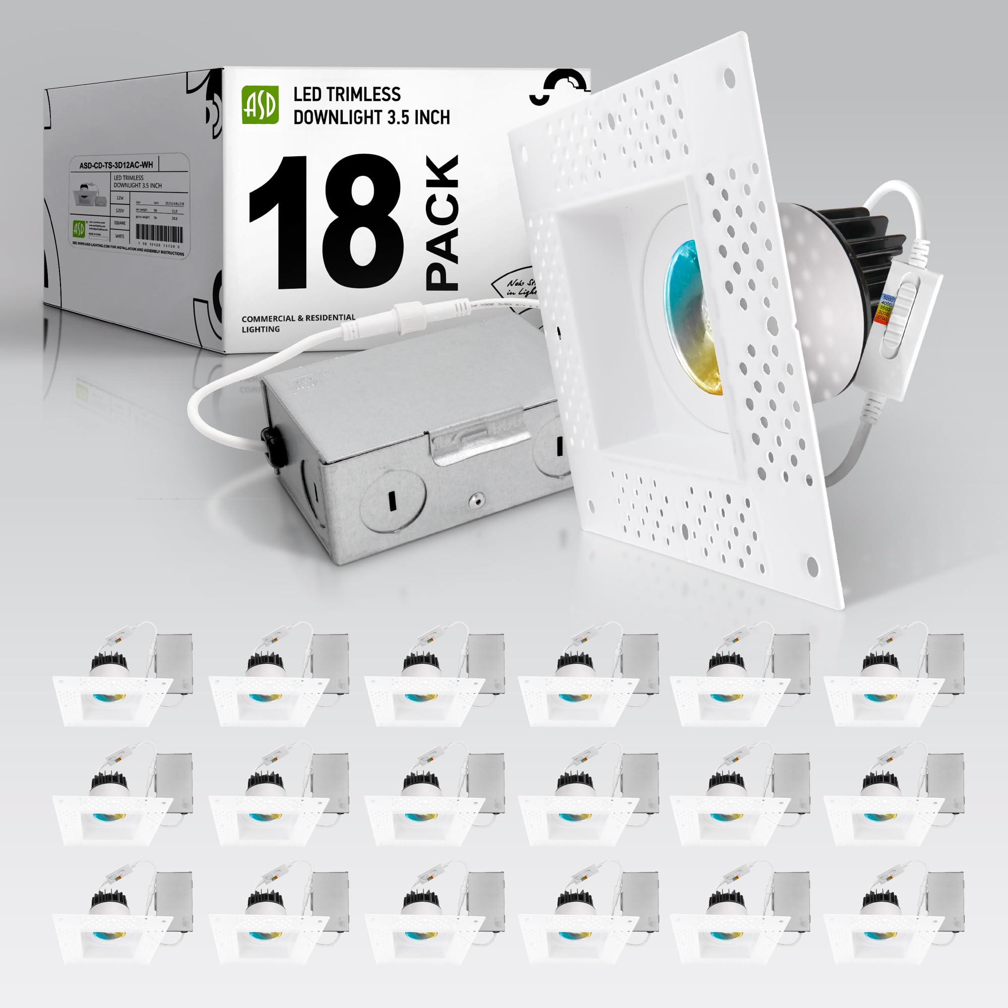 ASD Trimless 3 Inch LED Recessed Lighting, 12W 120V Commercial Square Downlight, Canless Dimmable Lights for Ceiling with J-Box, 5 CCT 2700K-5000K,