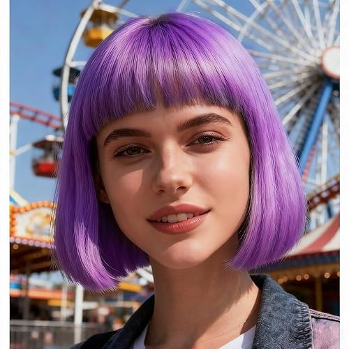 Purple Bob Wig With Bangs 12 Inch Short Synthetic Fiber