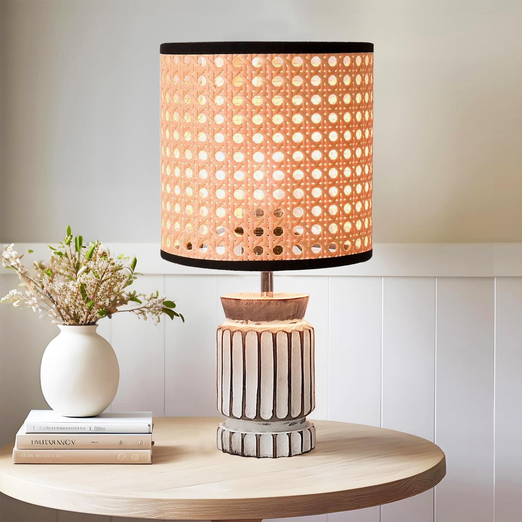 Homesake® Retro Farmhouse Table Lamp for Living Room Bedroom Rustic Linen Bedside Nightstand Lamps for Kids Room Study Office Wood, Carved Cylinder, (Rattan Cane) (B0CWLNT3F6) Amazon Price History, Amazon Price Tracker