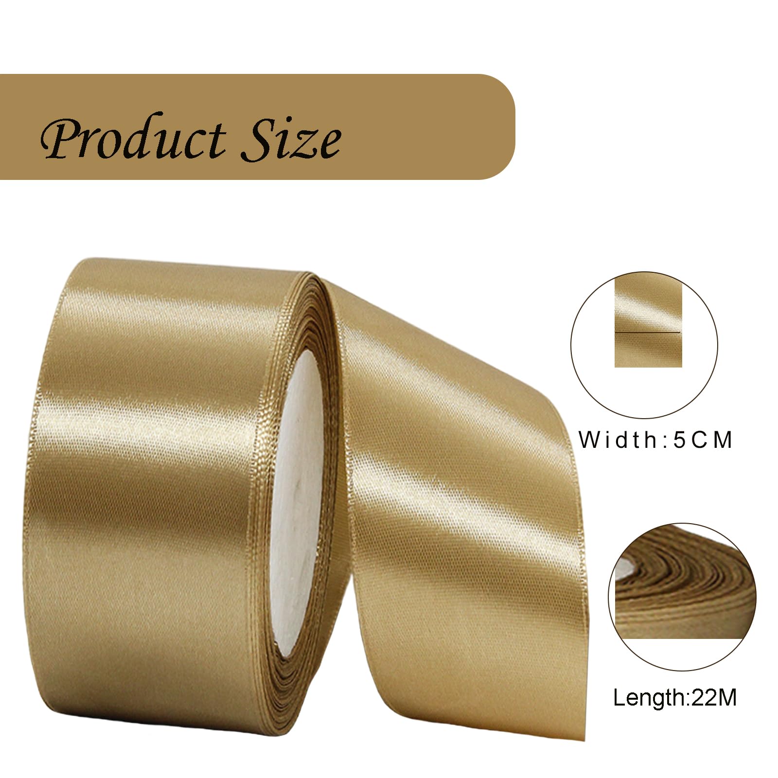 Wide Champagne Ribbon 50mm Satin Ribbons for Gift Wrapping 22m 1.9Inch Cake Ribbon Silk Thick Ribbons Champagne for Crafting,Christmas,Wedding Car,Bouquets,Party,Cake Decorations - Image 2