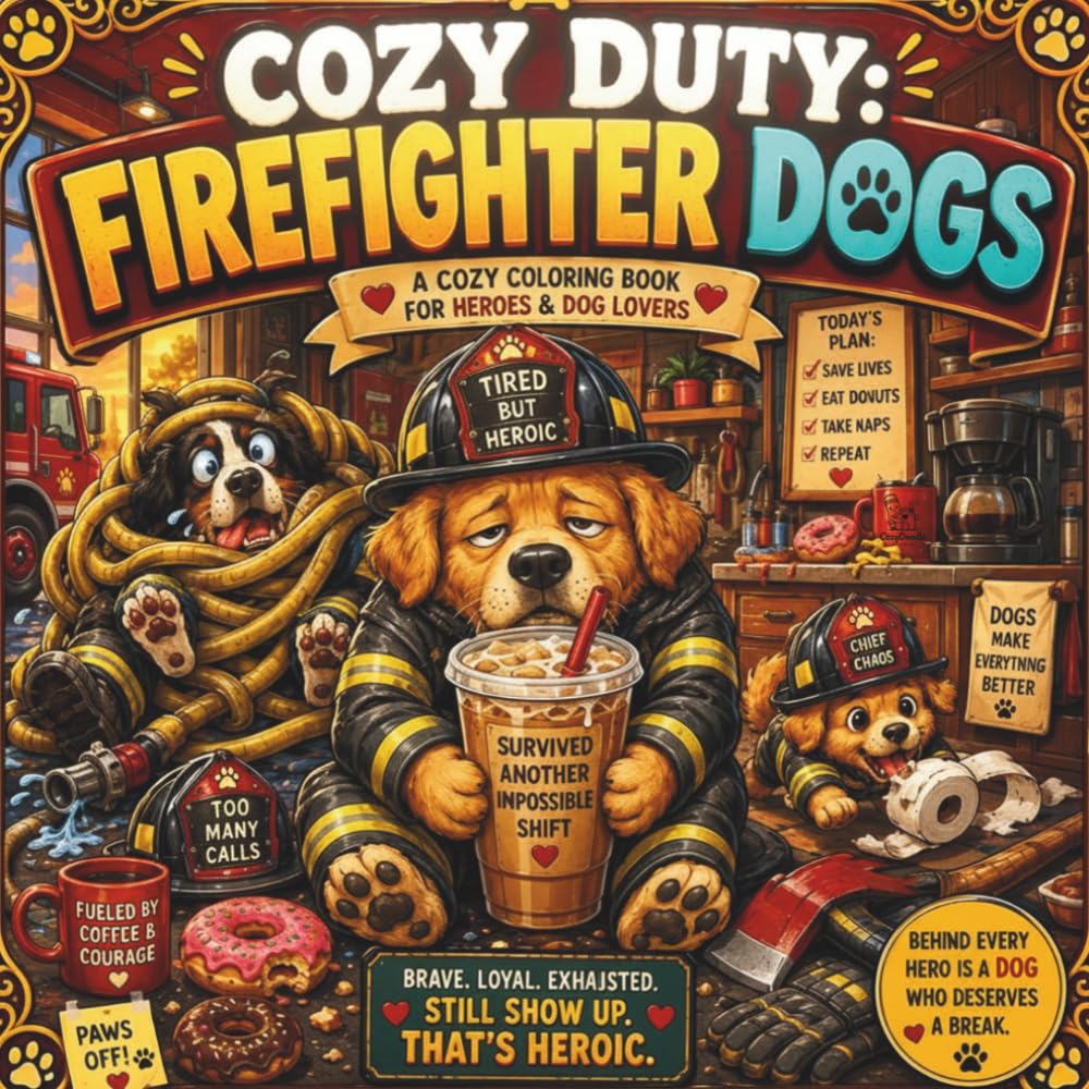 COZY DUTY: FIREFIGHTER DOGS: A Funny and Cozy Coloring Book for Tired Firefighters and Everyday Heroes