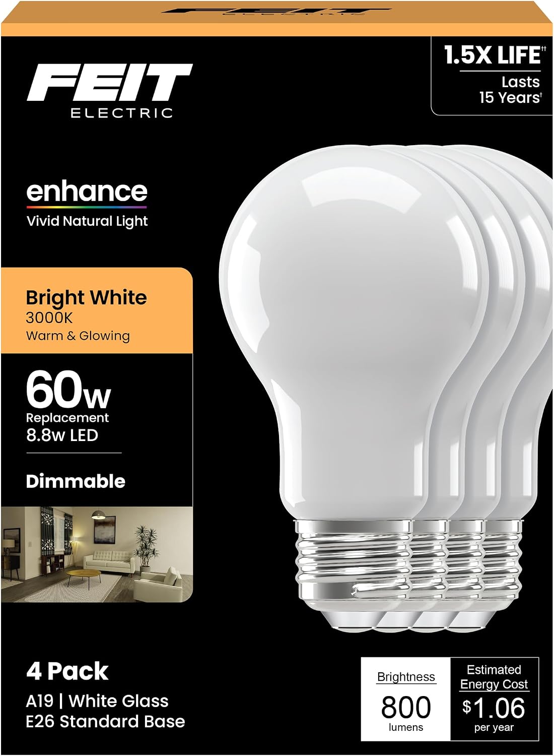 Feit Electric Enchance A19 LED Light Bulbs, 8.8W (60W Equivalent), 3000K Bright White, Dimmable, 90+ CRI, E26 Base, 17,000-Hour Lifetime, Residential or Commercial Bulb, A1960/930CA/FIL/4, 4-Pack