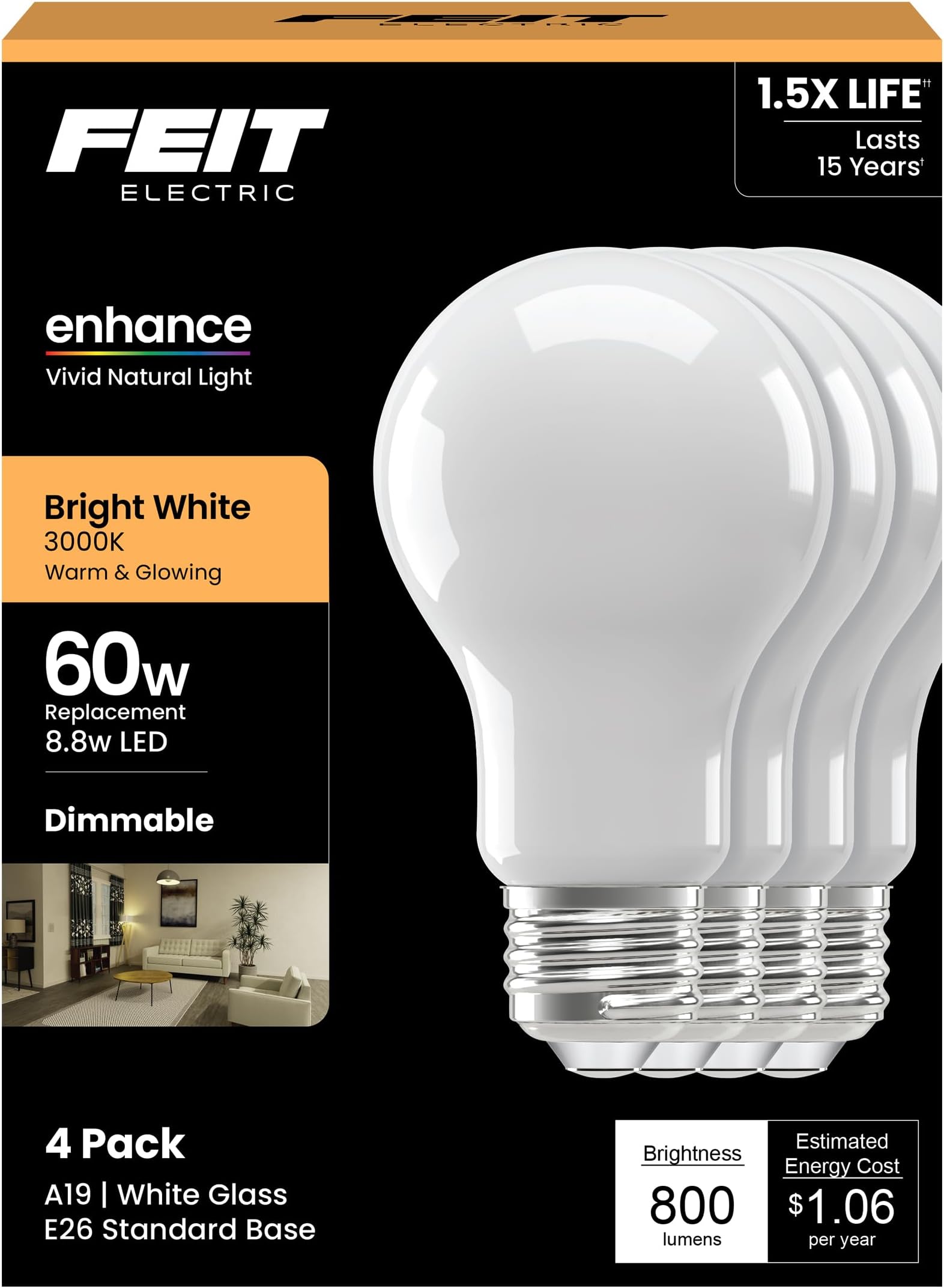 Enchance A19 LED Light Bulbs, 8.8W (60W Equivalent), 3000K Bright White, Dimmable, 90+ CRI, E26 Base, 17,000-Hour Lifetime, Residential or Commercial Bulb, A1960/930CA/FIL/4, 4-Pack