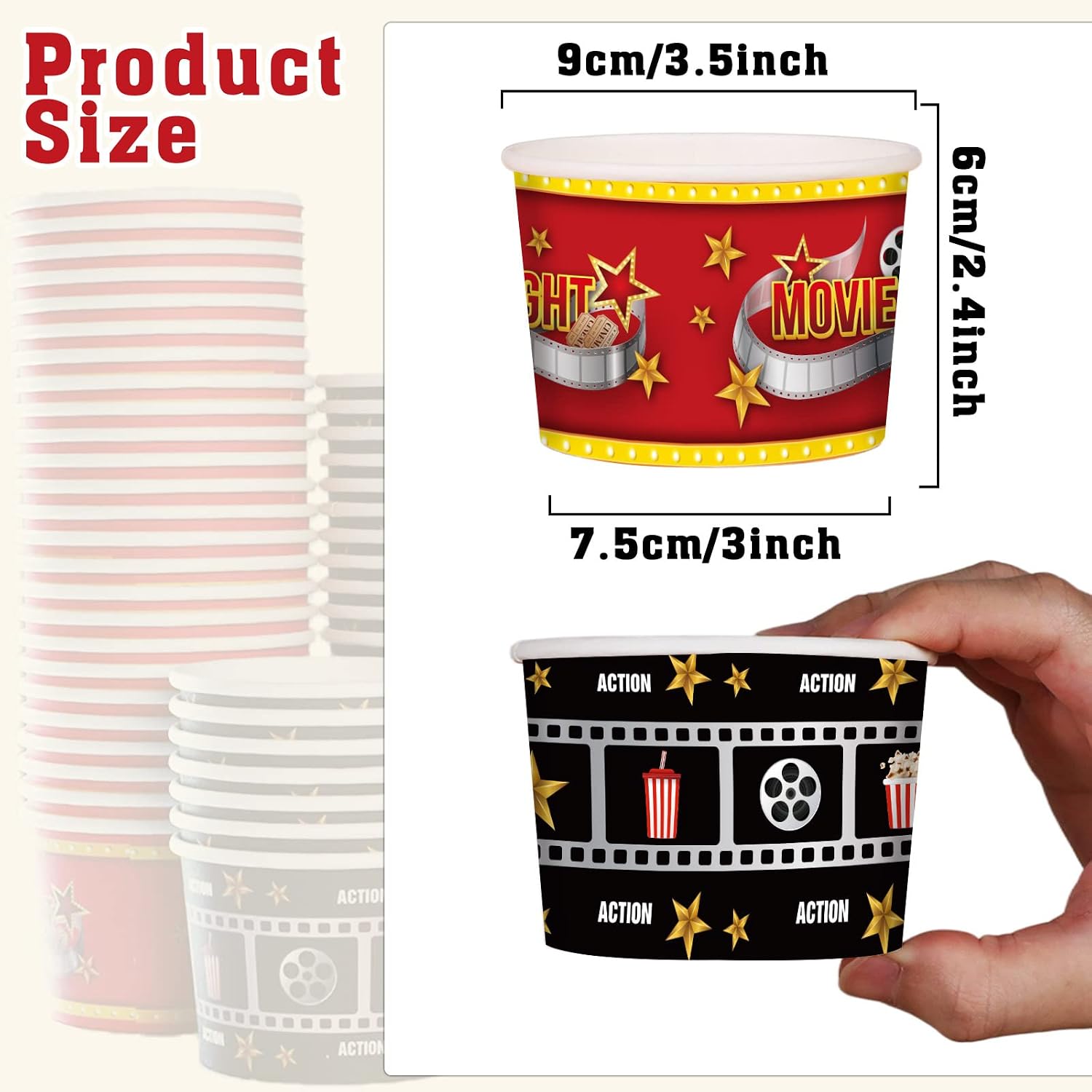 50Pcs Movie Night Party Supplies 9oz Movie Night Snack Ice Cream Cups Bowls Trays Boxes, Disposable Picnic BBQ Cinema Paper Ice Cream Cups Food Trays Popcorn Drink Holder Kids Birthday Party Favors