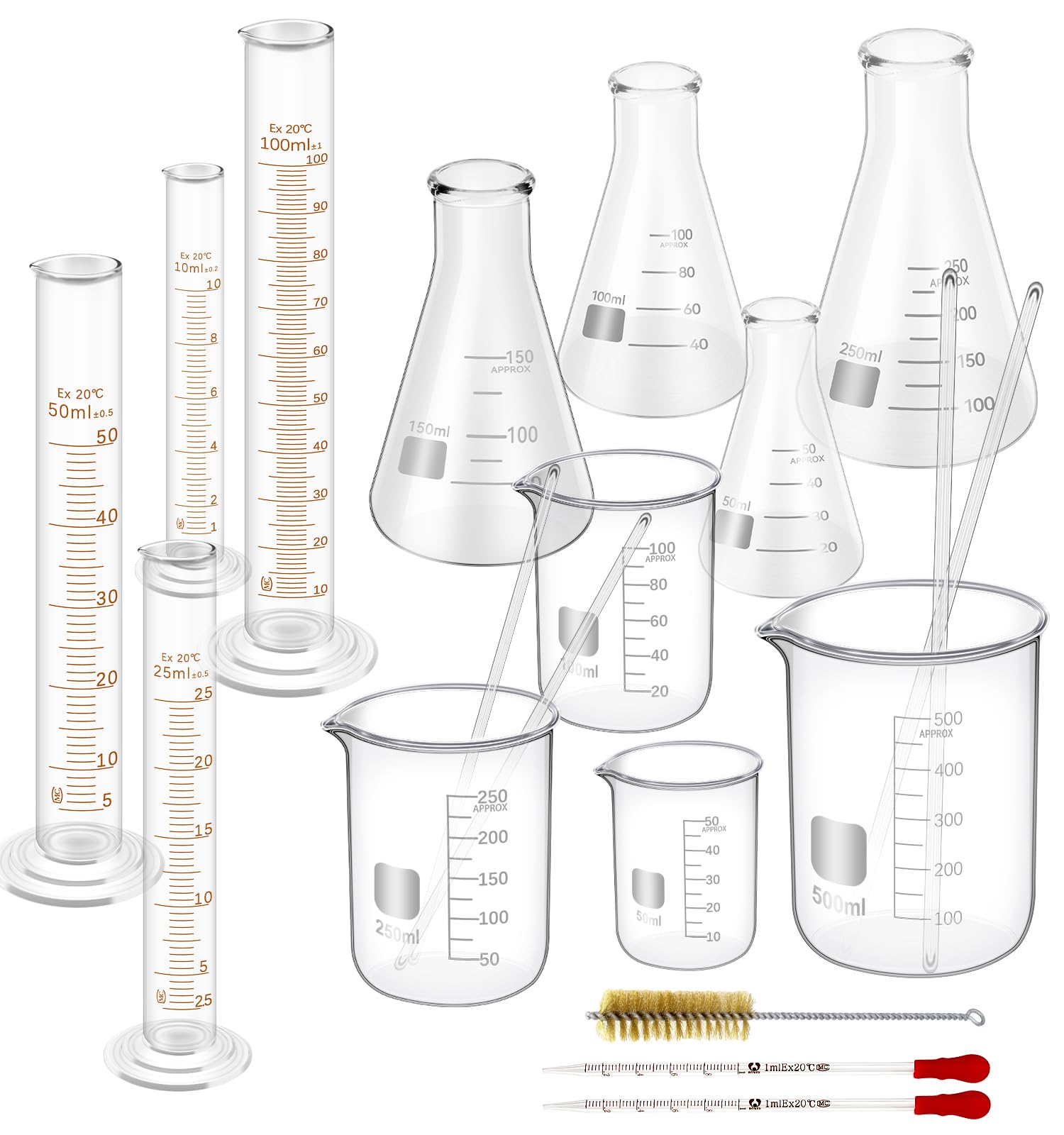 FOUR E'S SCIENTIFIC Glass Beaker Set, 19-Piece Labware Kit