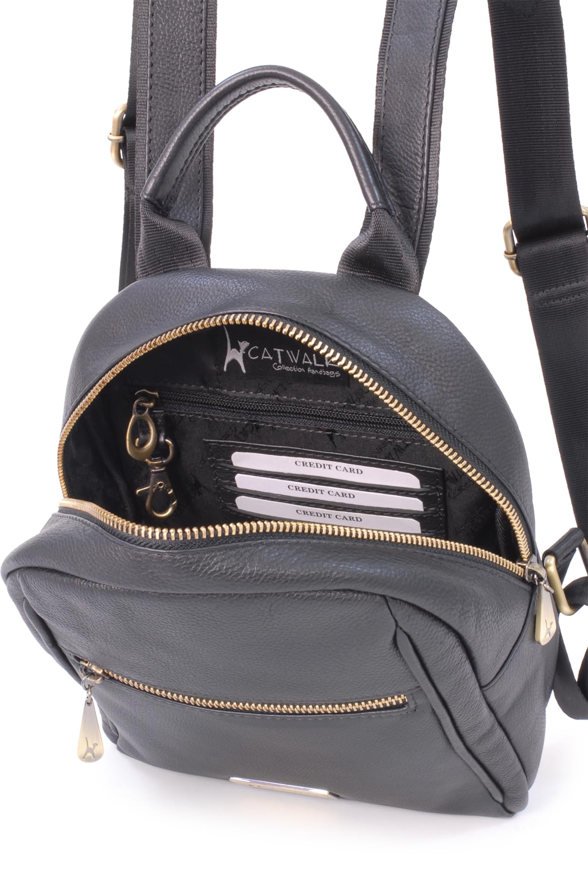 Catwalk Collection Handbags - Bolso Mochila de Mujer - Piel Auténtica - Multibolsillos - Pequeña/Mediana - Correas Ajustables - Zoey - Negro