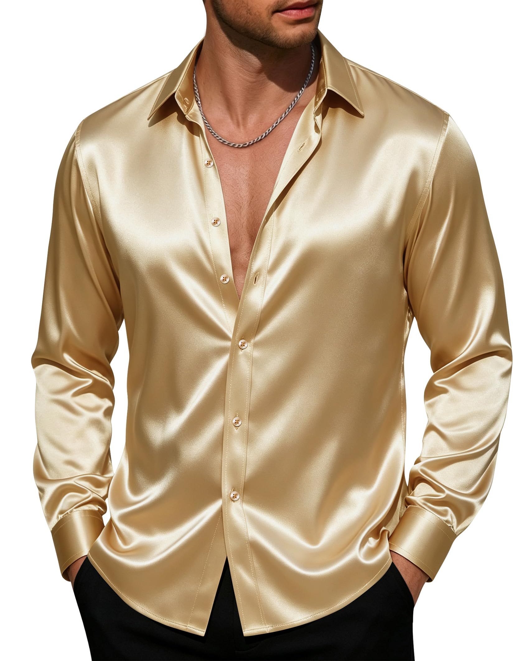 J.VER Men's Silk Satin Long Sleeve Dress Shirts Shiny Casual Button Down Shirt Luxury Party Prom Shirts, Gold, S