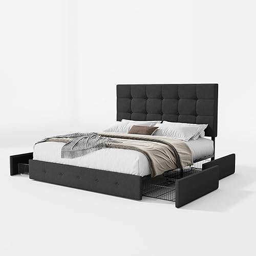 Miniatura 8 de SHA CERLIN - Marco de cama tapizado tamaño queen con plataforma, con 4 cajones de almacenamiento, cabecera ajustable con diseño de botones cosidos