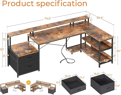 Miniatura 3 de ODK Escritorio en Forma de L de 75" con Cajones para Archivos, Escritorio de Oficina en Forma de L con Toma de Corriente y Tira LED, Escritorio