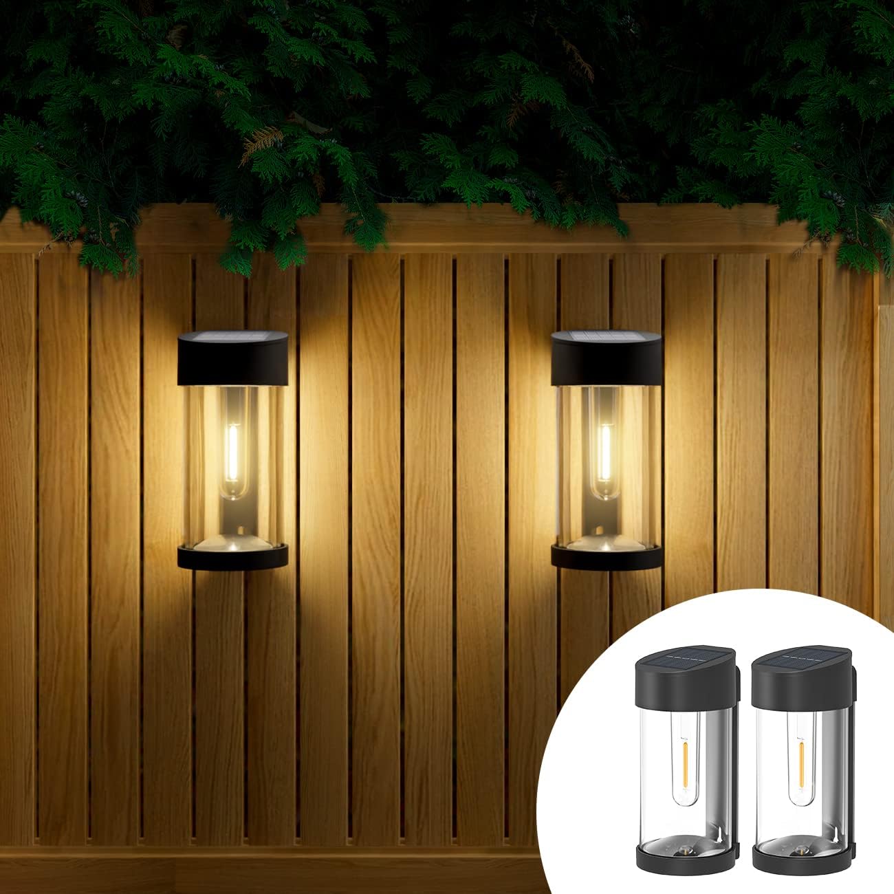 Solar Fence Lights Outdoor Garden【2 Pack】,Woolmug Retro Solar Lights
