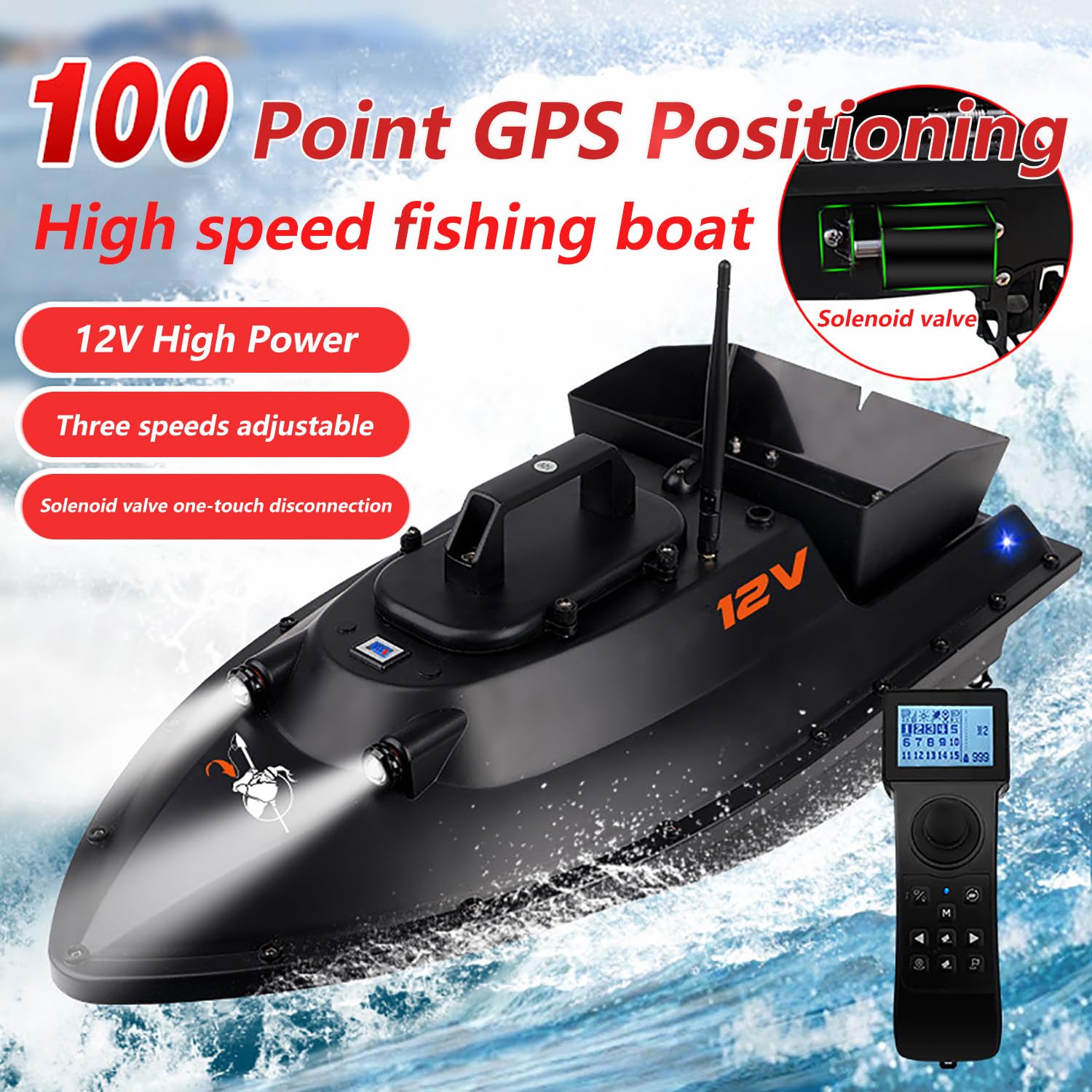 Barco de pesca RC de 12 V y 600 m, con cebo y liberación de cebo/GPS, capacidad de carga de 340 kg, motor dual y dos baterías de 28 000 mAh | Posicionamiento de 100 puntos, ideal para pescadores exp