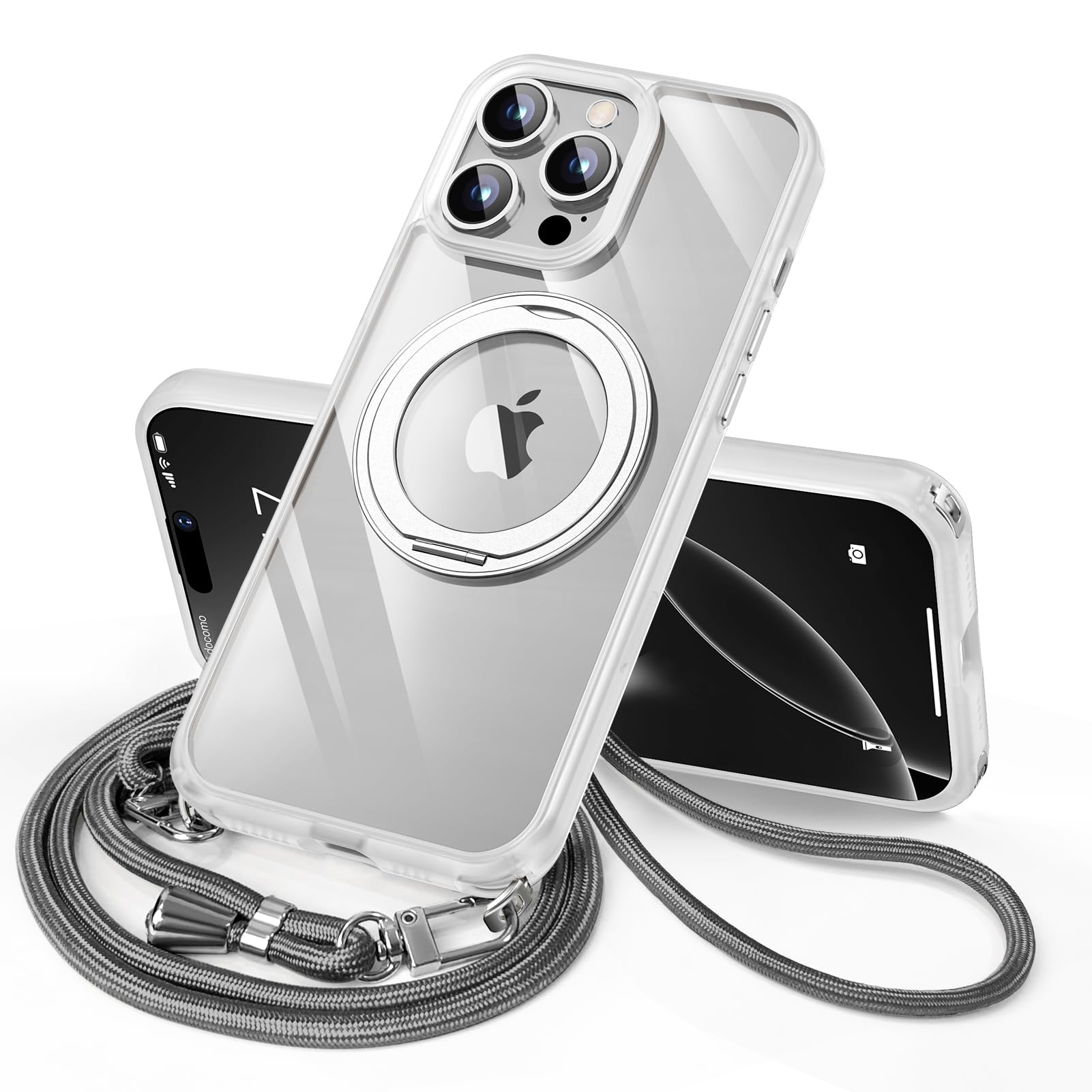 iPhone 14 Pro Max 用 ケース ダブルリング付き ショルダー ストラップ付き 多機能360度回転スタンド MagSafe対応 ワイヤレス充電対応 耐衝撃 薄型 透明 PC + 軽量 シリコン TPUバンパー おしゃれ スマホケース (クリア, iPhone 14 Pro Max)