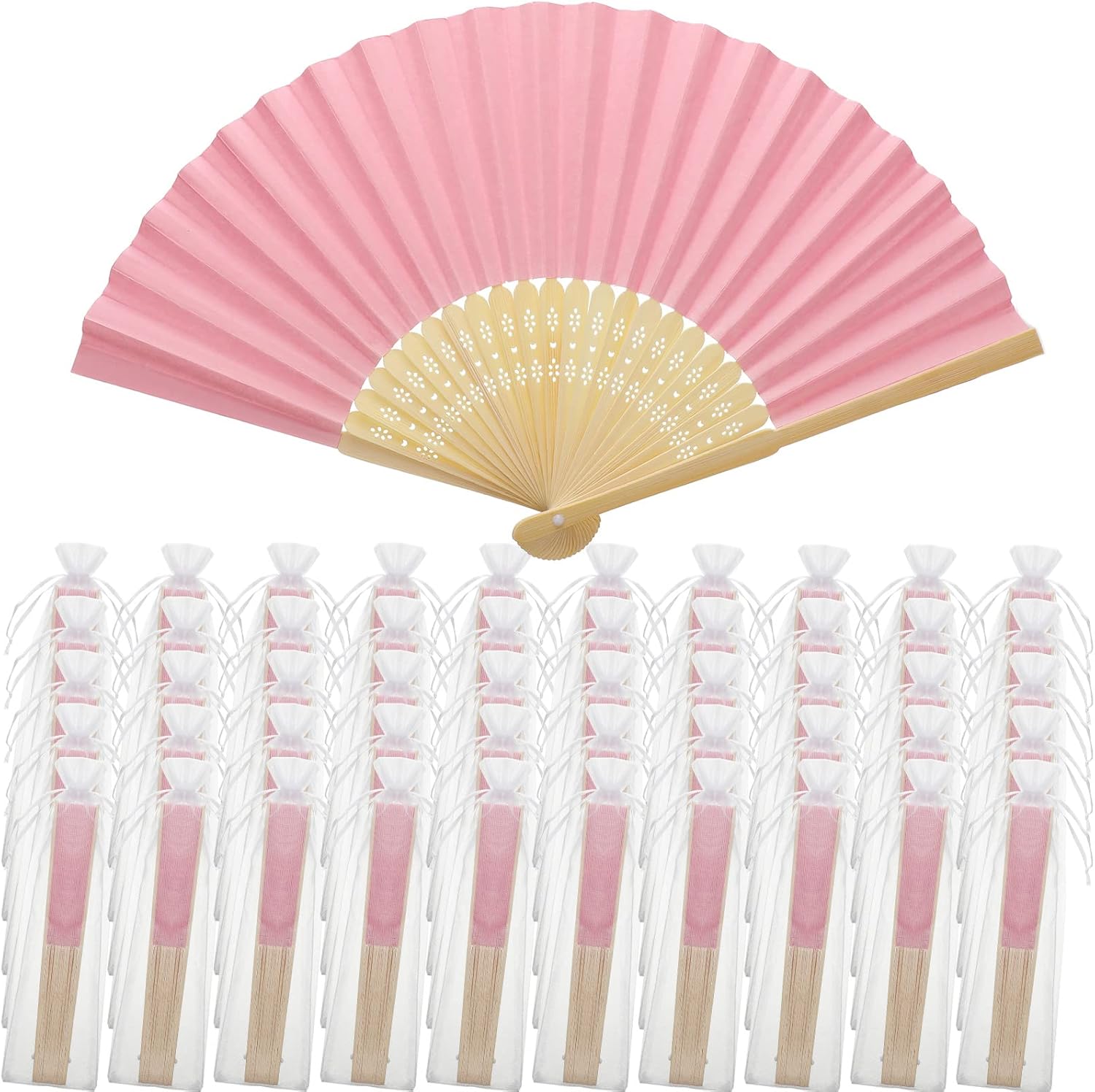 Chunful 100 Pieces Paper Hand Fan Bamboo Hand Pink Folding Fans with Organza Hand Fan Bags DIY Paper Folded Handheld Fans for Church Wedding Gifts Party Favors Dancing Home Decoration