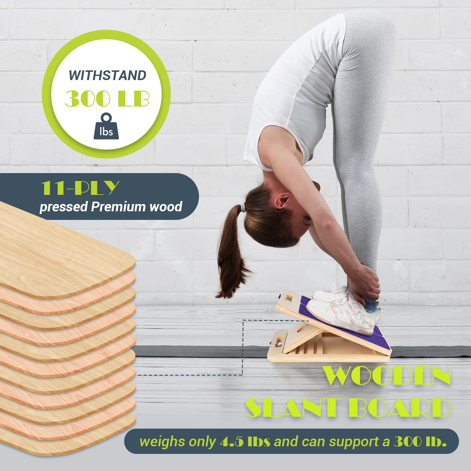 Tabla inclinada para estirar pantorrillas, tabla inclinada de madera portátil ajustable para estirador de pantorrillas con póster de entrenamiento, capacidad de peso de 300 libras, cuña elástica para