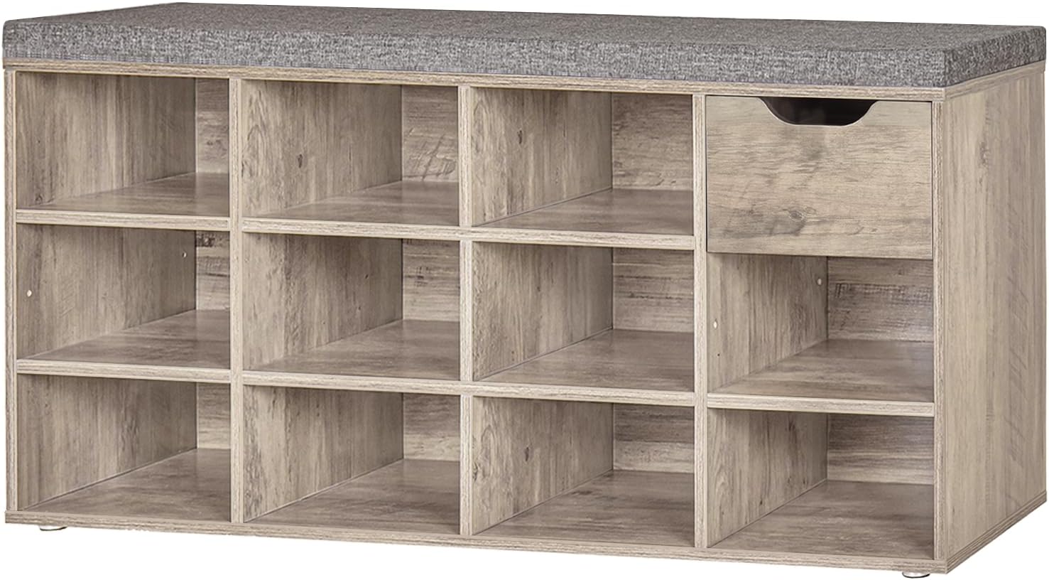 DINZI LVJ Shoe Bench, Entryway Storage Bench with Drawer and 11 Cubbies, Cubby Shoe Rack with Adjustable Shelves, Organizer Cabinet for Living Room, Bedroom, Mudroom, Closet and Garage, Greige