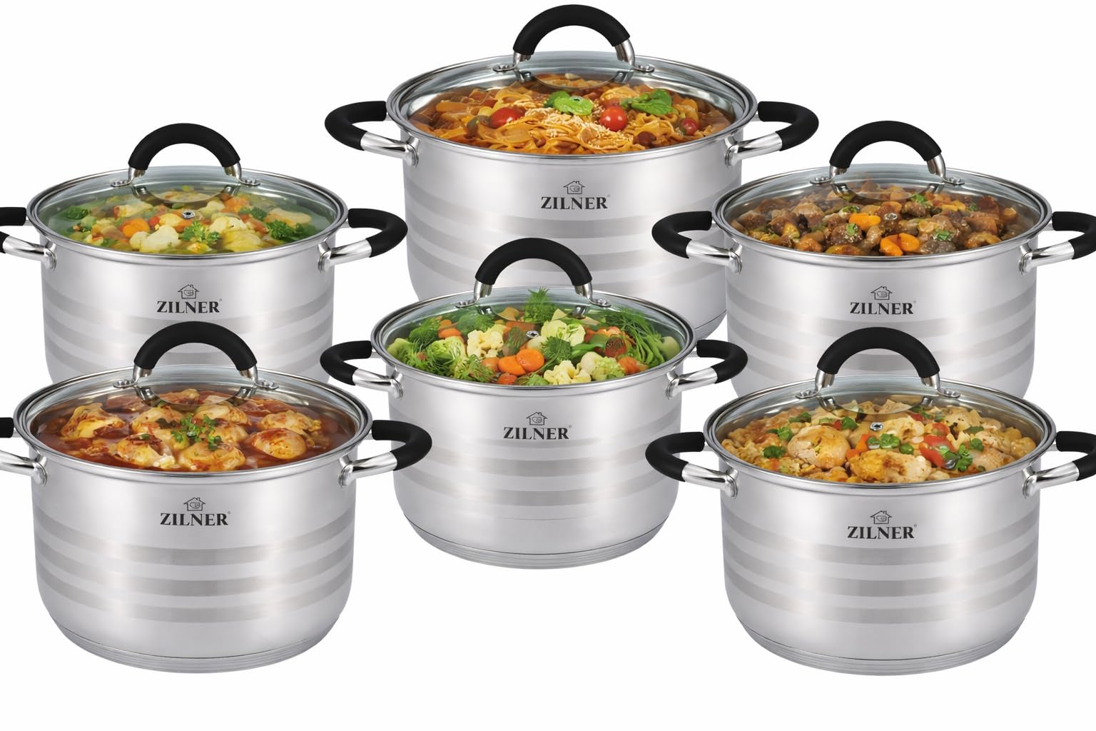 Topfset 12-teilig, Edelstahl, 6 Töpfe 2,1–6,5 L, Glasdeckel, Silber | Kochtopf Set für Induktion, Gas, Elektro, Keramik, spülmaschinenfest, für jeden Tag