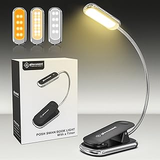 Glocusent Posh Premium Book Light for Reading in Bed with Timer, 16-LED Rechargeable Reading Light Runs 160hrs, 1800K Eyecaring Clip on Book Light, 3 Colors & 5 Brightness Levels, Perfect for Readers