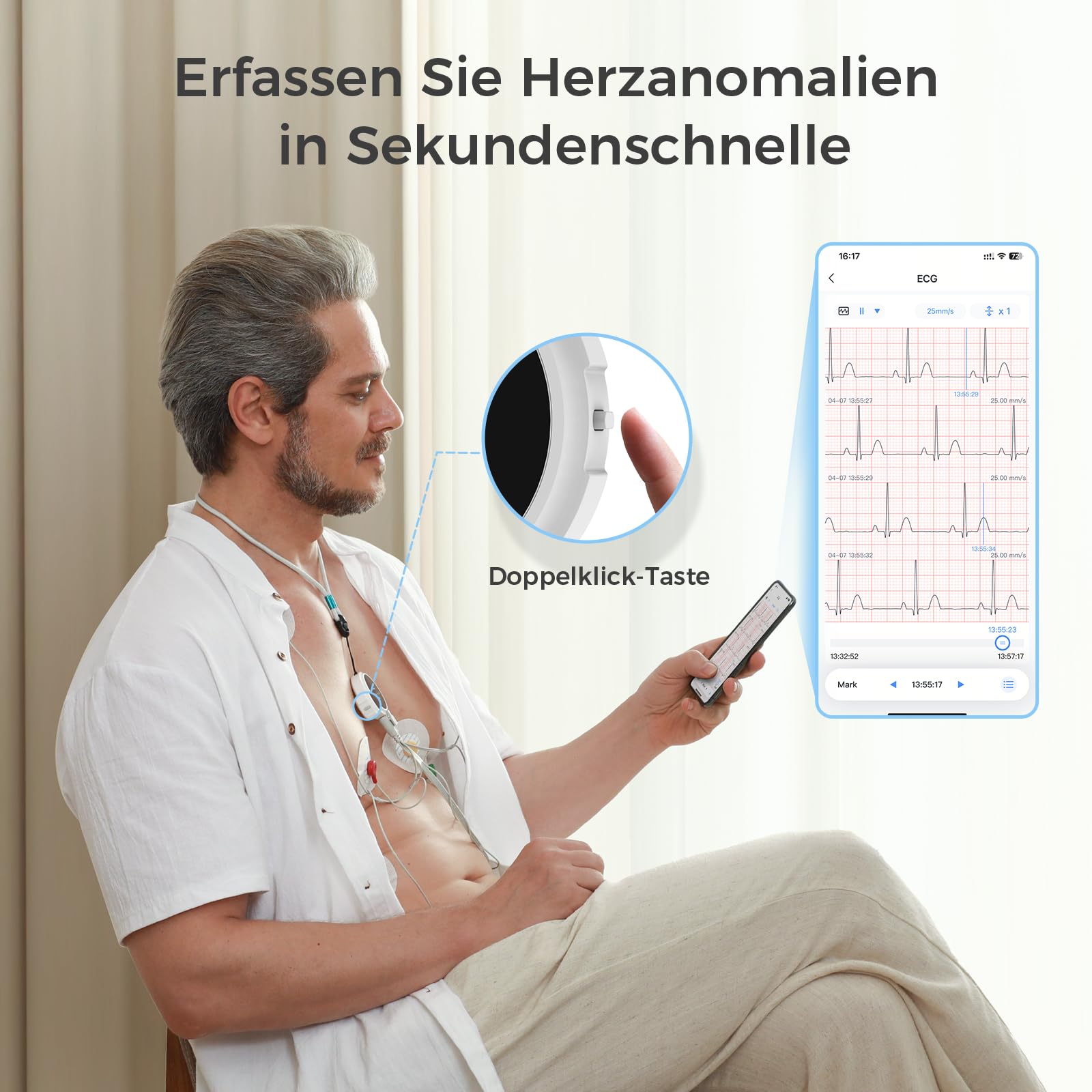 CheckMe LepodPro 10-Elektroden EKG Gerät 12 Kanal, 24h Langzeit-EKG Gerät für Zuhause, AI Analyse von 17 Arrhythmien, OLED-Display & 72h Akku
