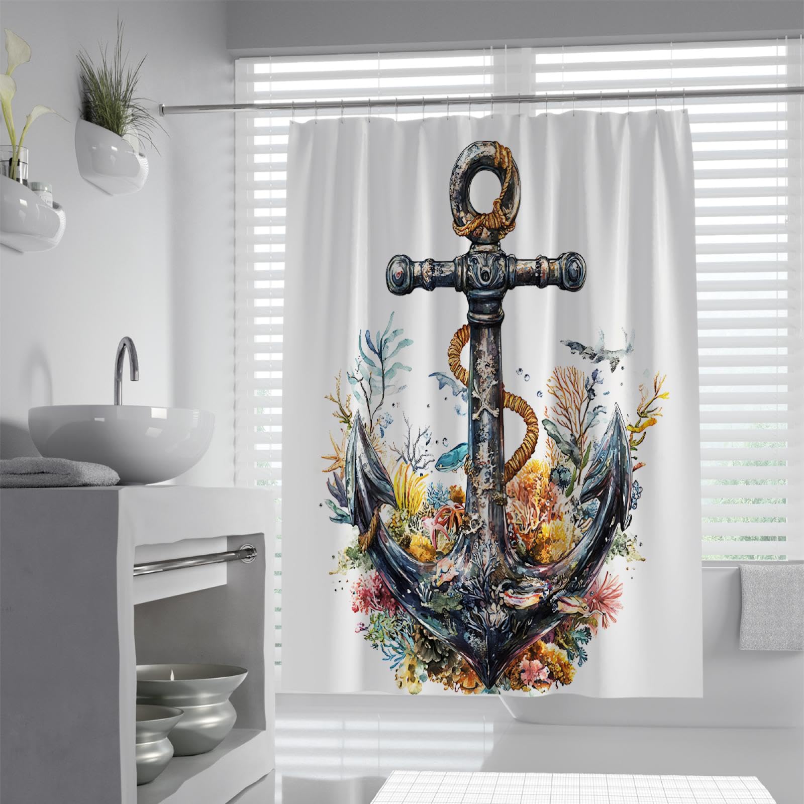 Duschvorhang Nautisches Anker-Design – Schwarz-weiß Gestreift, 183x183 Cm, Wasserdicht, Polyester