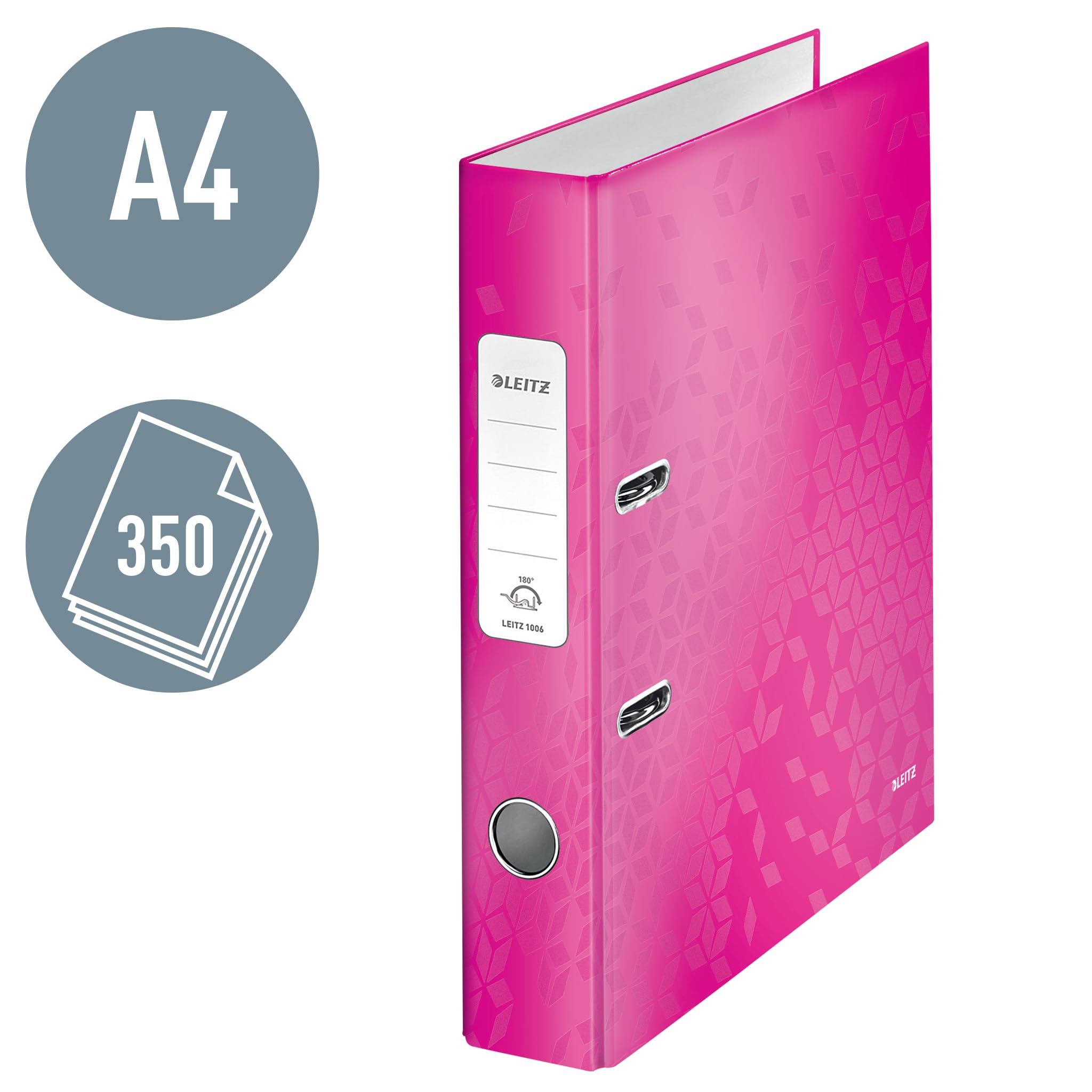 Leitz 10060023 - Raccoglitore di qualità, 180 gradi, formato A4, stretto, larghezza dorso 5,2 cm, bordo grigio laminato, rosa, serie WOW