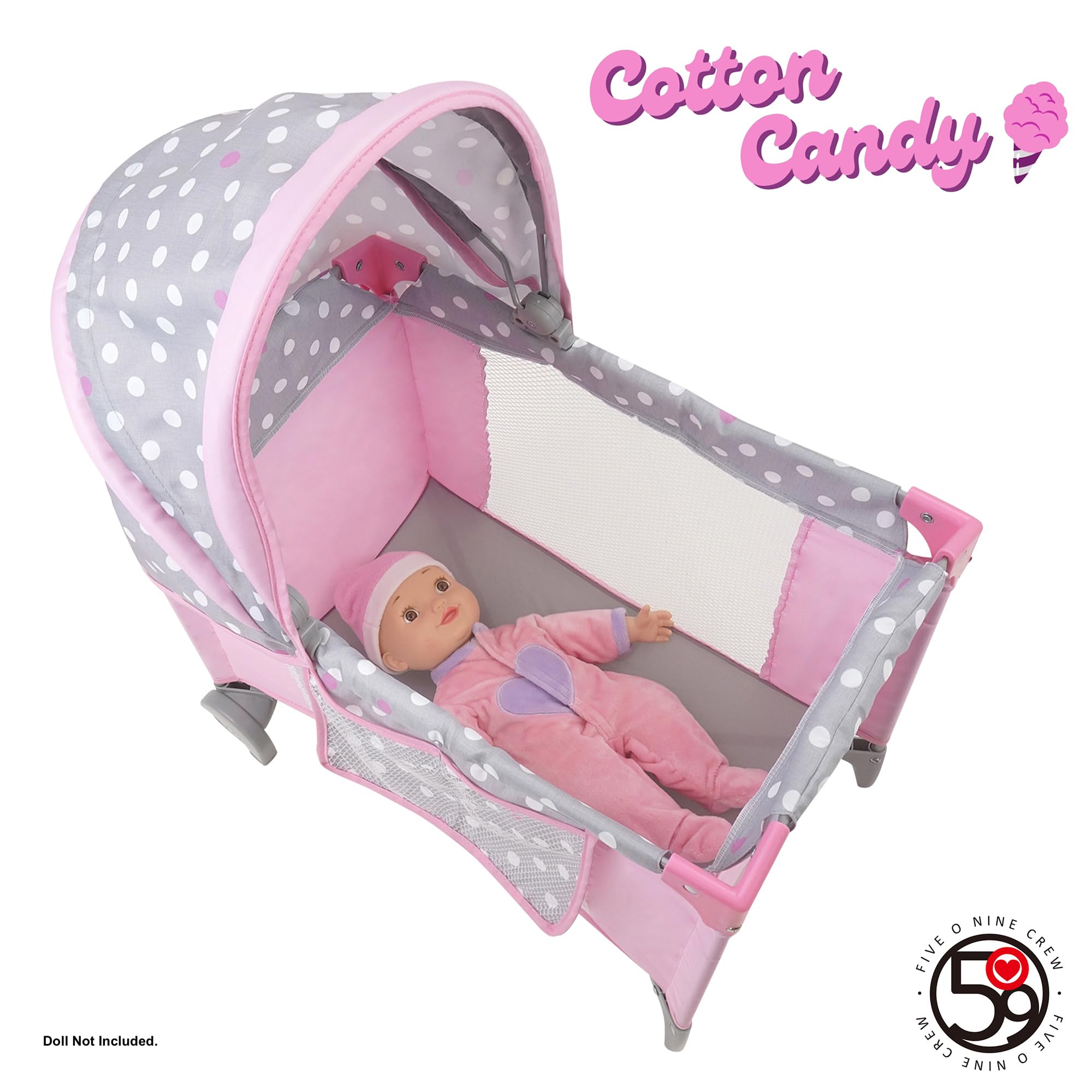 509 Crew: Cotton Candy Pink: Giardino di gioco per bambole - rosa, grigio, a pois - per bambole fino a 45,7 cm, pieghevole, baldacchino retrattile, per bambini dai 3 anni in su