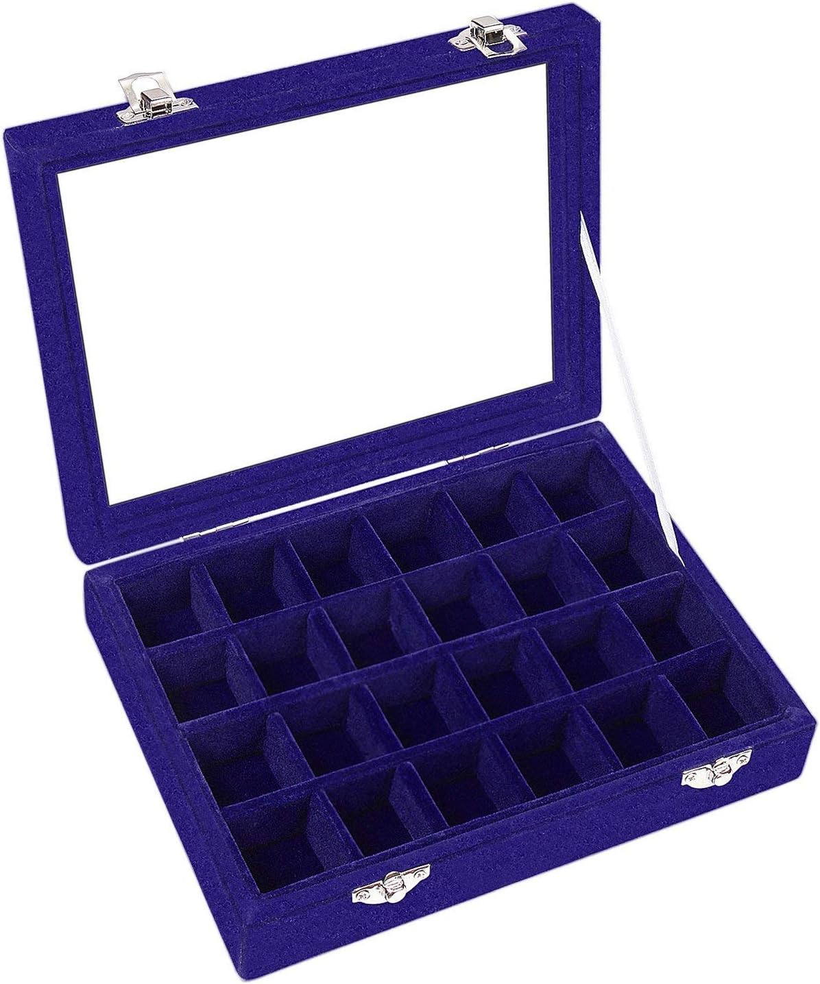Velvet Glass Ring Jewellery Display Storage Box Jewelry Holder Storage Organizer Stand (Blue-(24 Grids))