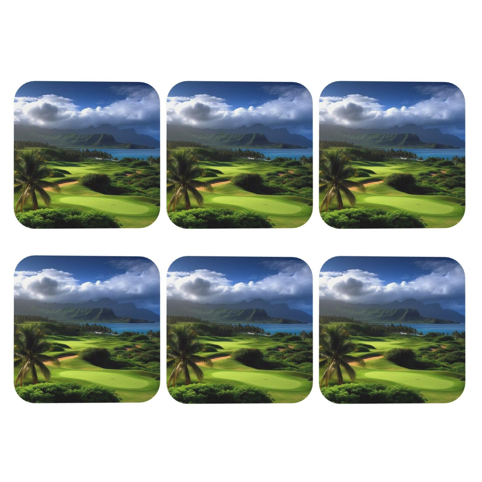 6pcs Leather Coasters for Drinks, Scenic Hawaii Golf Tropical Drink Coasters for Tabletop Protection, 4" Cup Coasters for Coffee Table Decor, Non-Slip Drinking Cup Mat for Hot Or Cold Drink