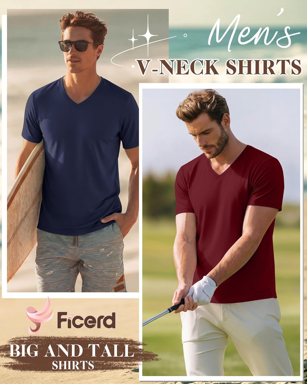 Ficerd 3 Pack Big and Tall V Neck T Shirts for Men 95% Cotton Short Sleeve Loose Fit Casual Basic Tees Summer Soft Tops