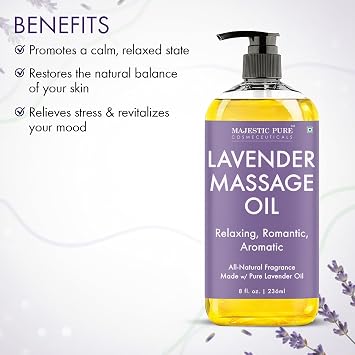 Majestic Pure Lavender Massage Oil 236 ml - Hydrating, Calming & Rejuvenating Body Massage Oil, Made with Natural Oils, for Men & Women
