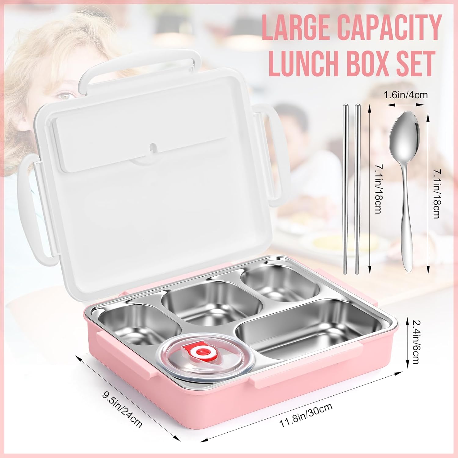 2 Sets Stainless Steel Lunch Bento Box for Adult 2.0 L Leakproof 5 Compartment Metal Bento Box with Bag 8 oz Soup Bowl with Utensils for Office, Travel(Pink, Blue)