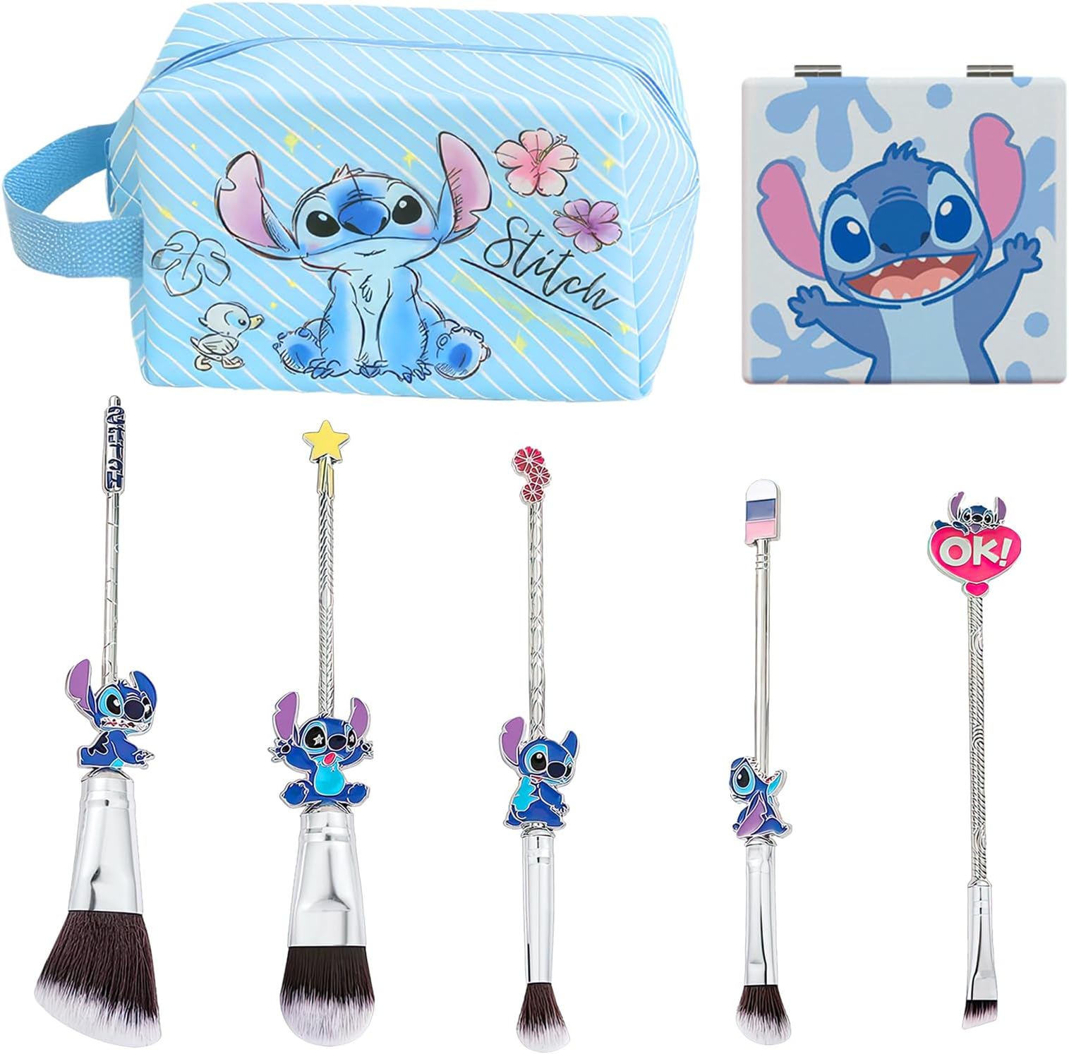 Sti-tch-Makeup Brush Set,with Storage Bag Makeup Mirror Cartoon Theme Cosmetic Eyeshadow Face Cosmetic Brushes for Powder Eyeshadow Blushes Lips Gifts for Girl Women Birthday Gifts (7, Blue)