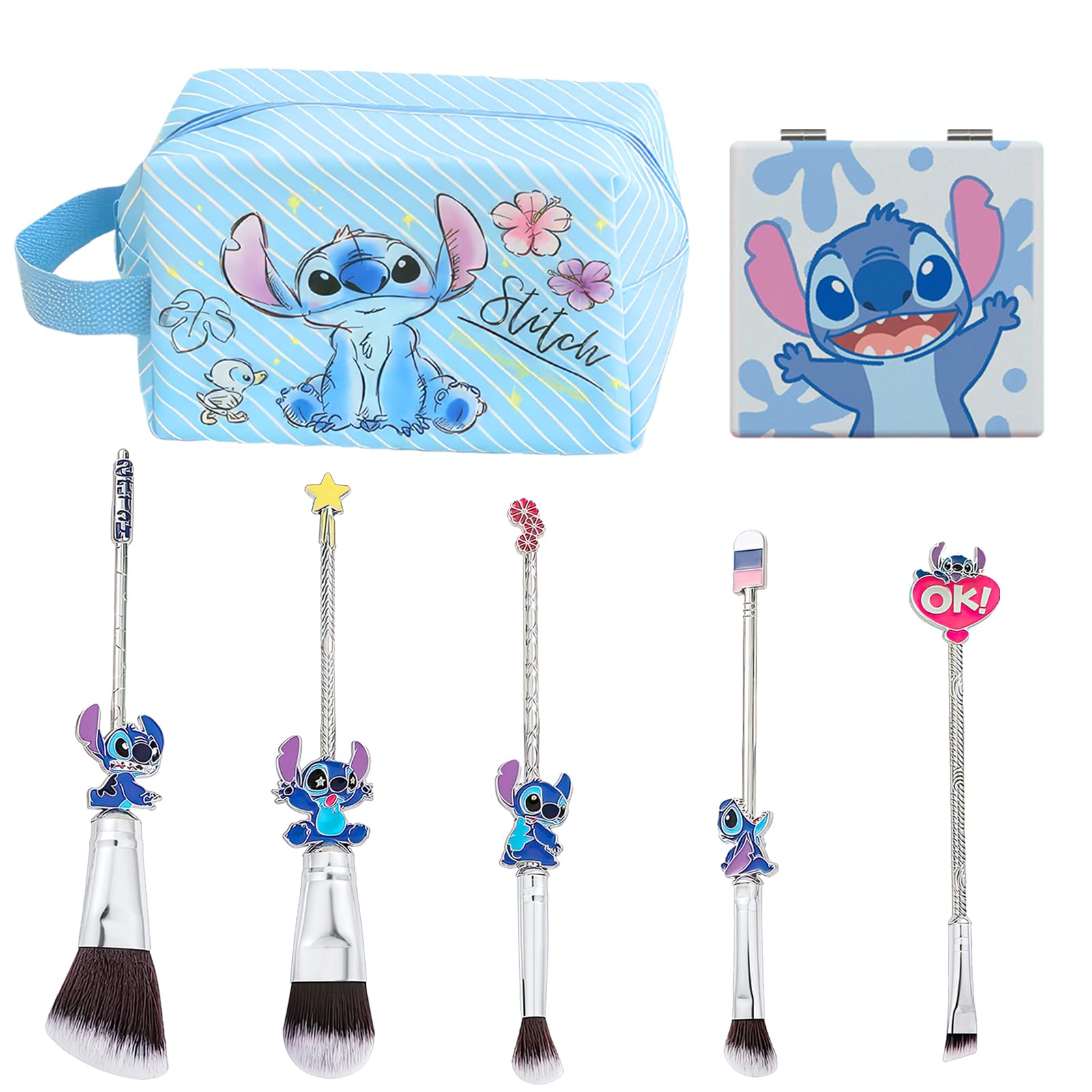 Sti-tch-Makeup Brush Set,with Storage Bag Makeup Mirror Cartoon Theme Cosmetic Eyeshadow Face Cosmetic Brushes for Powder Eyeshadow Blushes Lips Gifts for Girl Women Birthday Gifts (7, Blue)