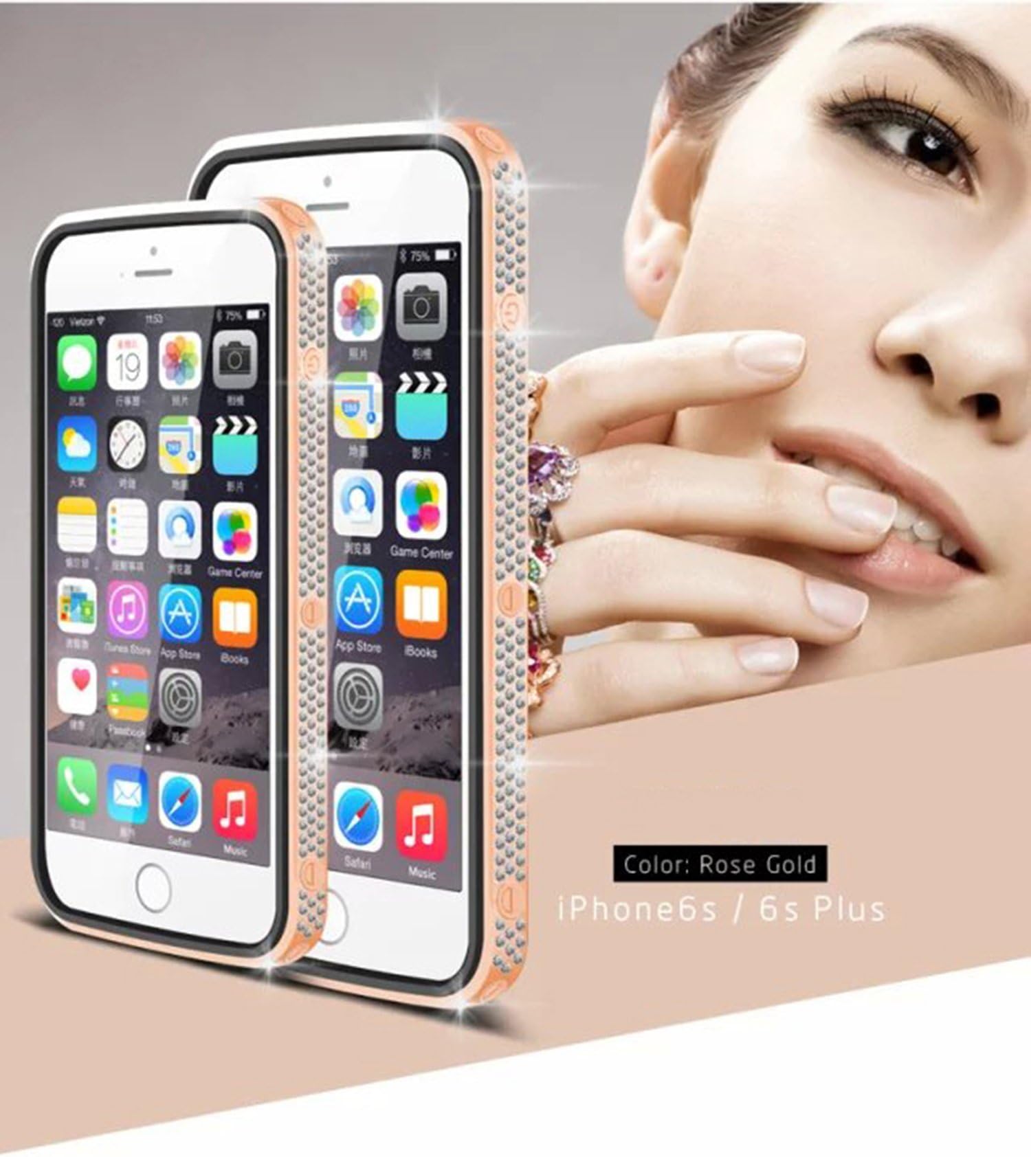 Love Mei iPhone 6s Case, Luxury 24K Gilt Border Czech Chaton Bling Metal Bumper Metal Magnetic Protector Zinc Alloy Shell Smart View Case Flip Cover for Apple iPhone 6s (Rosegold)