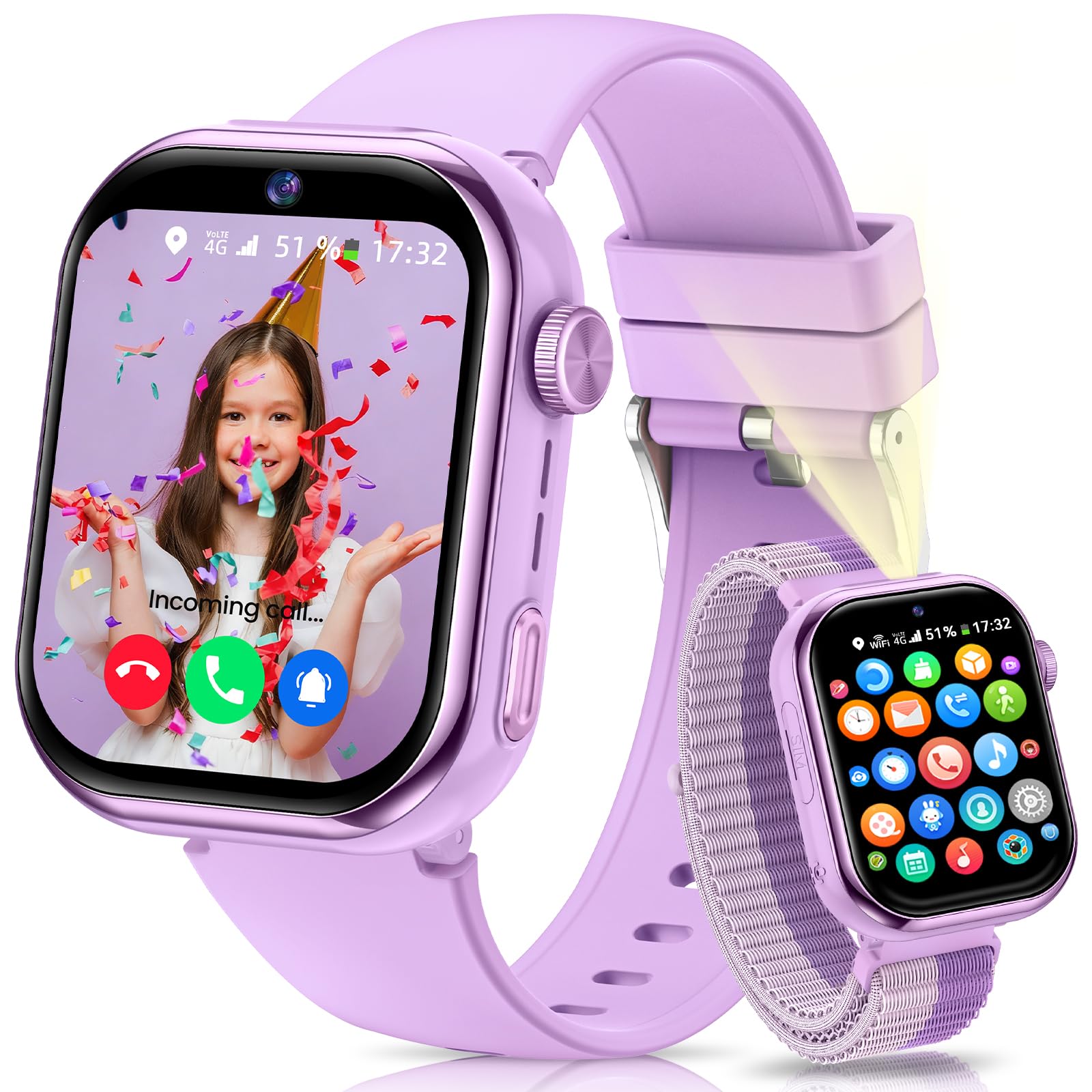4G Montre Connectée Enfant avec GPS, Double Caméra, Appel Vidéo, SMS, Chat Vocal, SOS, Mode Classe, Réveil, Lampe Torche, IP68, Podomètre, Cadeau pour Garçons Filles, Violet - Garantie 3 Ans