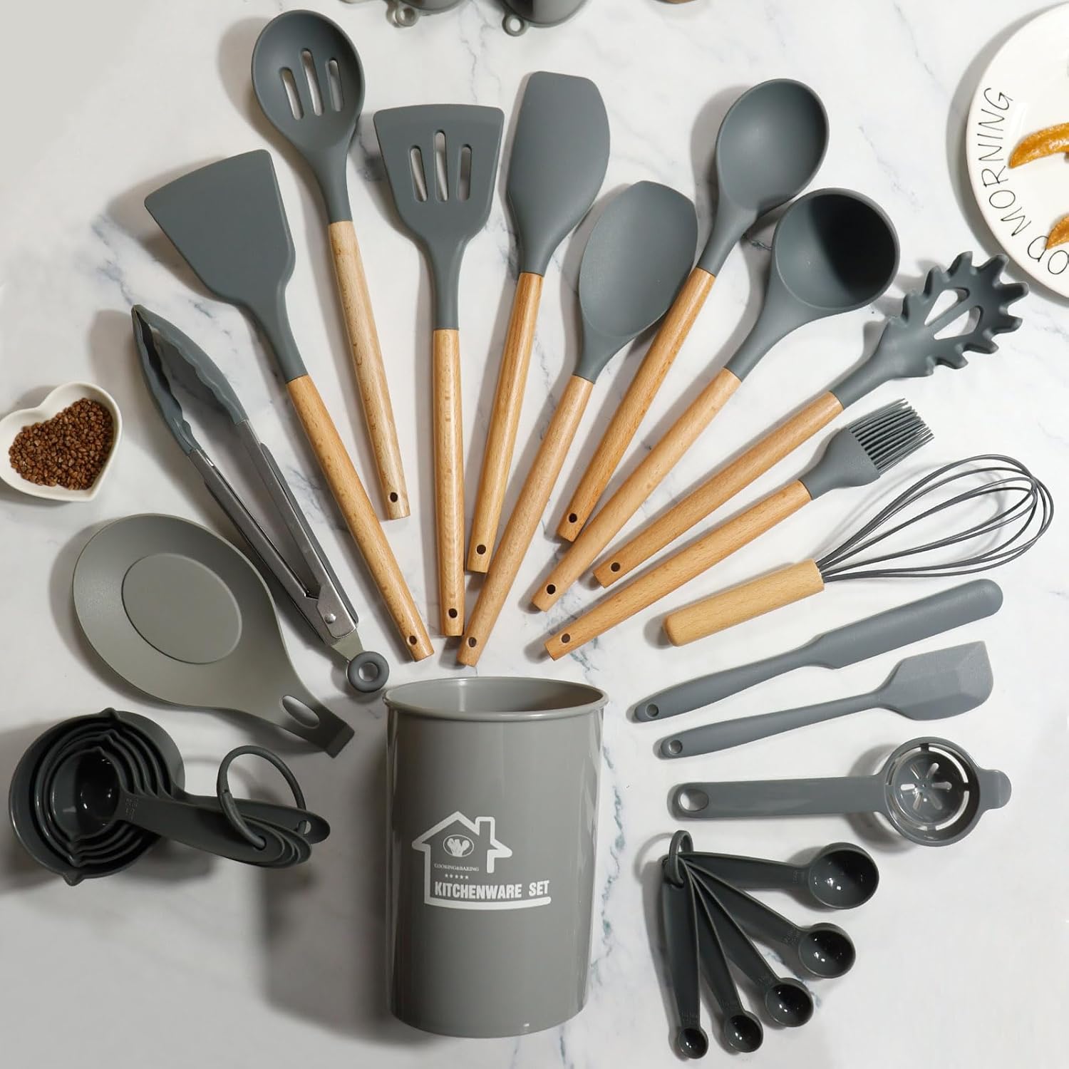 UXIYI Silicone Kitchen Utensils Set, 43pcs Silicone Kitchen Cooking Utensil Set, Kitchen Tools Spatula Set with Holder for Cooking Nonstick,Grey 8