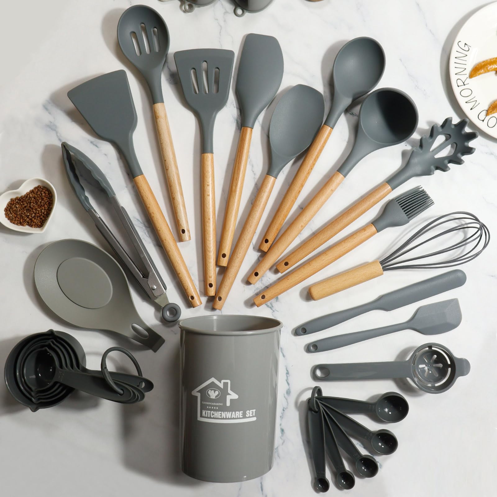 Juego de Utensilios de Cocina de Silicona, Juego de Utensilios de Cocina de Silicona de 43 Piezas, Juego de espátulas para Utensilios de Cocina con Soporte para cocinar Antiadherente,Gris