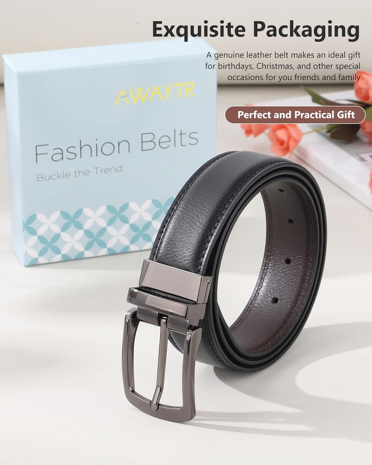 AWAYTR Men Reversible Leather Belt - 1.33'' Wide Genuine Leather Dress Belt for Casual and Business Wear - Image 6