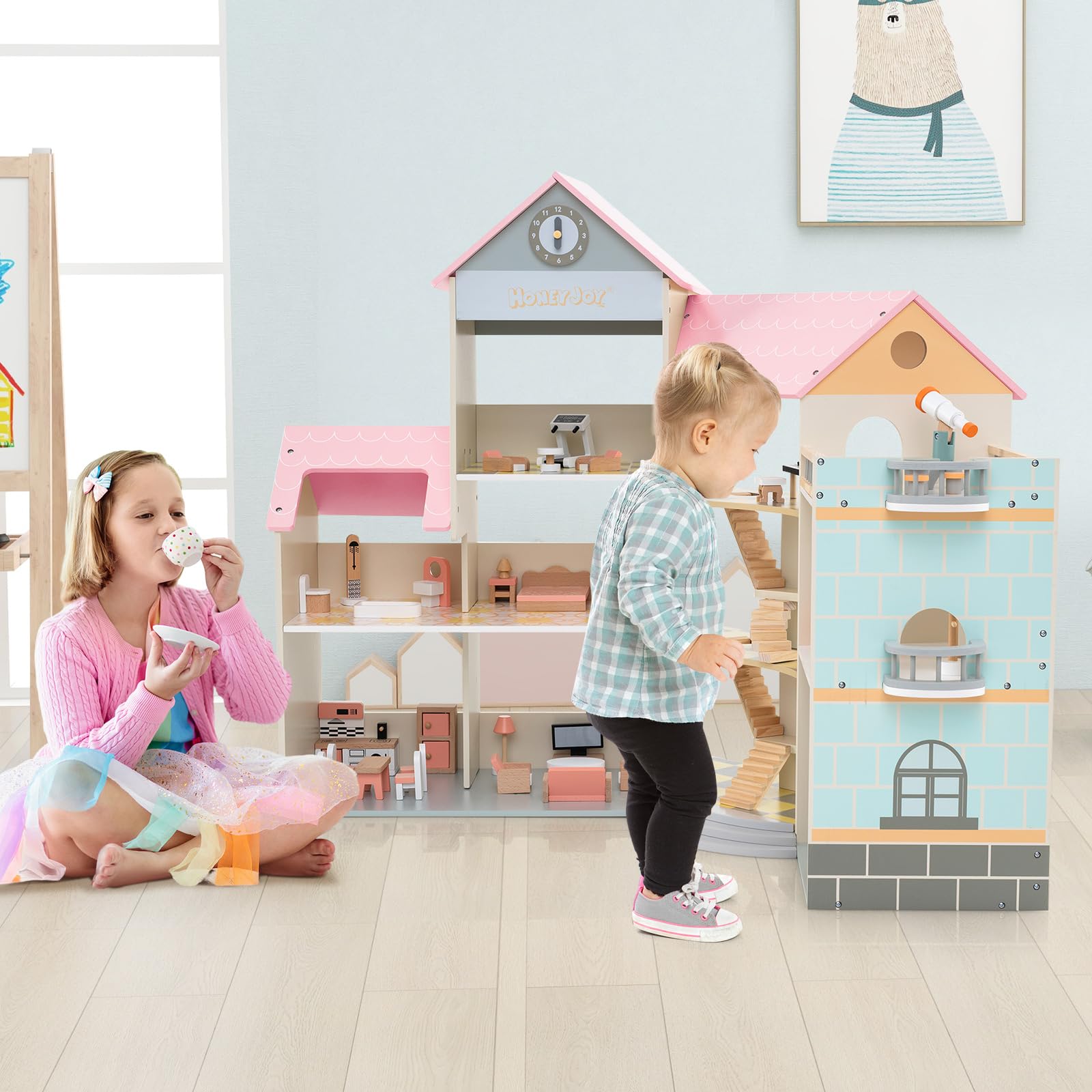 RELAX4LIFE Casa delle Bambole Alto 95 cm, Villa di Lusso in Legno, 41 Mobili e Accessori inclusi, Cameretta, Terrazza e Garage, Giocattolo per Bambini 3+ Anni (ROSA)